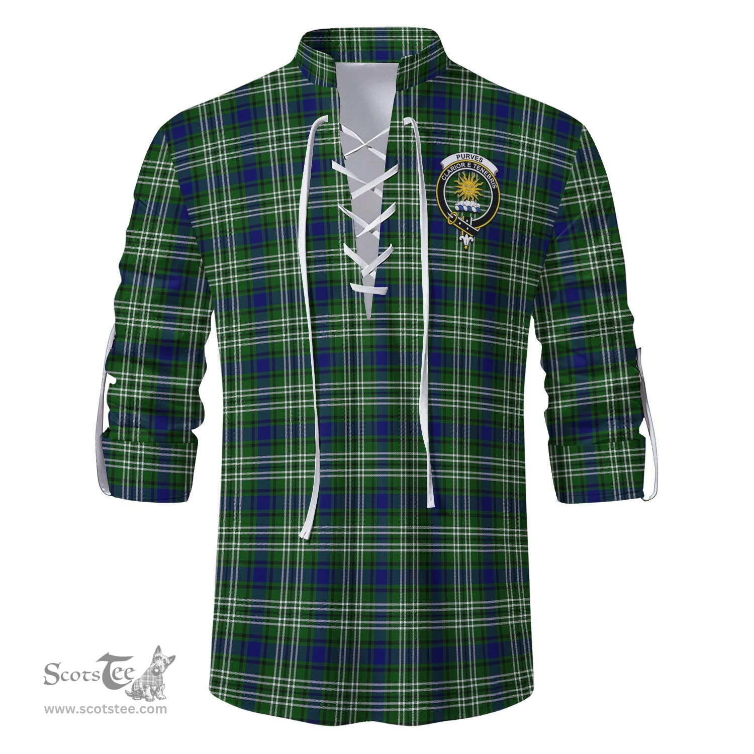 ScotsTee Shop Scottish Purves Clan Crest Tartan Mens Scottish Jacobite Ghillie Casual Shirt