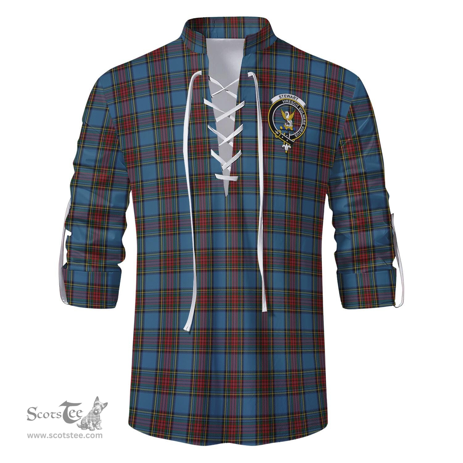 ScotsTee Shop Scottish Stewart Royal Blue Clan Crest Tartan Mens Scottish Jacobite Ghillie Casual Shirt