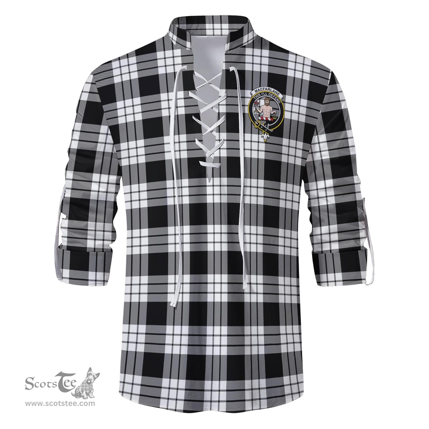 ScotsTee Shop Scottish MacFarlane Black White Clan Crest Tartan Mens Scottish Jacobite Ghillie Casual Shirt