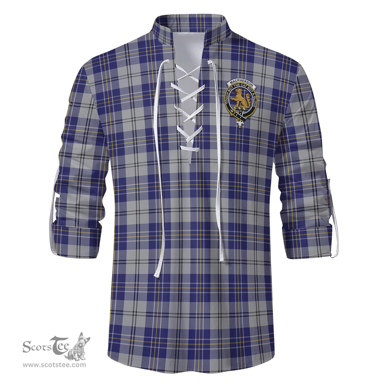 ScotsTee Shop Scottish MacPherson Dress Blue Clan Crest Tartan Mens Scottish Jacobite Ghillie Casual Shirt