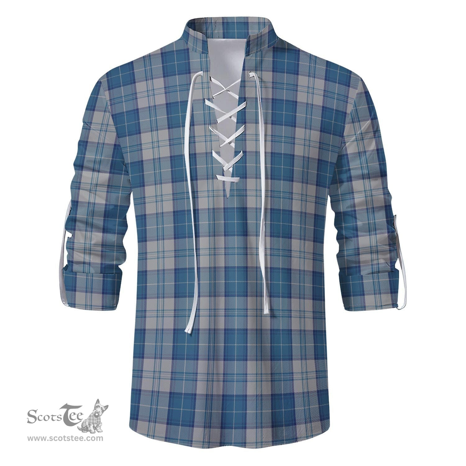 ScotsTee Shop Scottish Menzies Dress Blue and White Clan Tartan Mens Scottish Jacobite Ghillie Casual Shirt