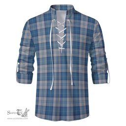 ScotsTee Shop Scottish Menzies Dress Blue and White Clan Tartan Mens Scottish Jacobite Ghillie Casual Shirt