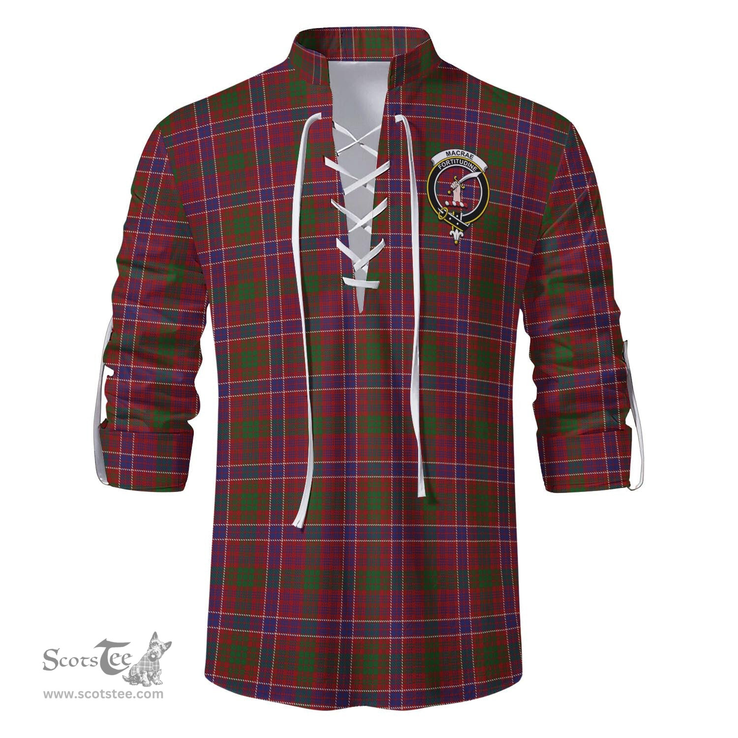 ScotsTee Shop Scottish MacRae Red Clan Crest Tartan Mens Scottish Jacobite Ghillie Casual Shirt