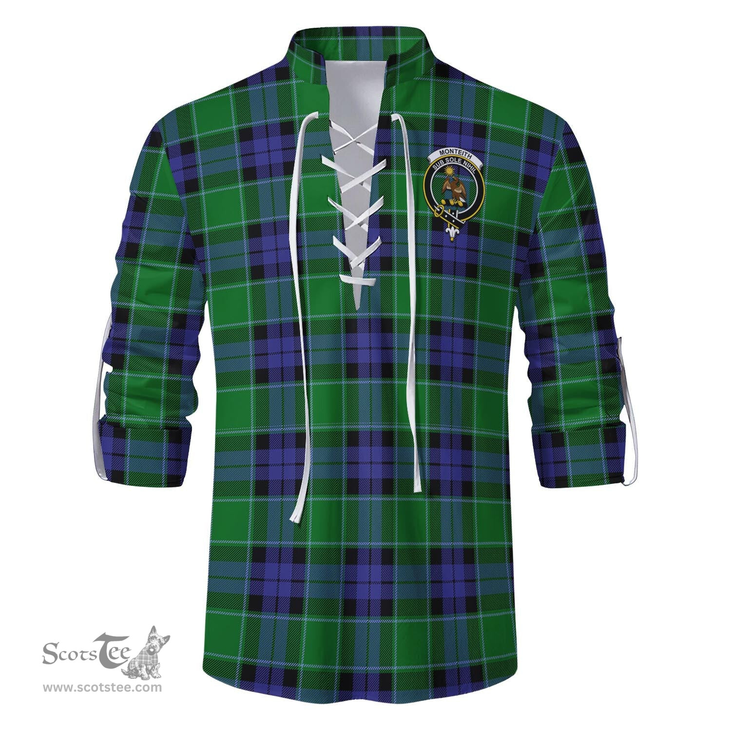 ScotsTee Shop Scottish Monteith Clan Crest Tartan Mens Scottish Jacobite Ghillie Casual Shirt