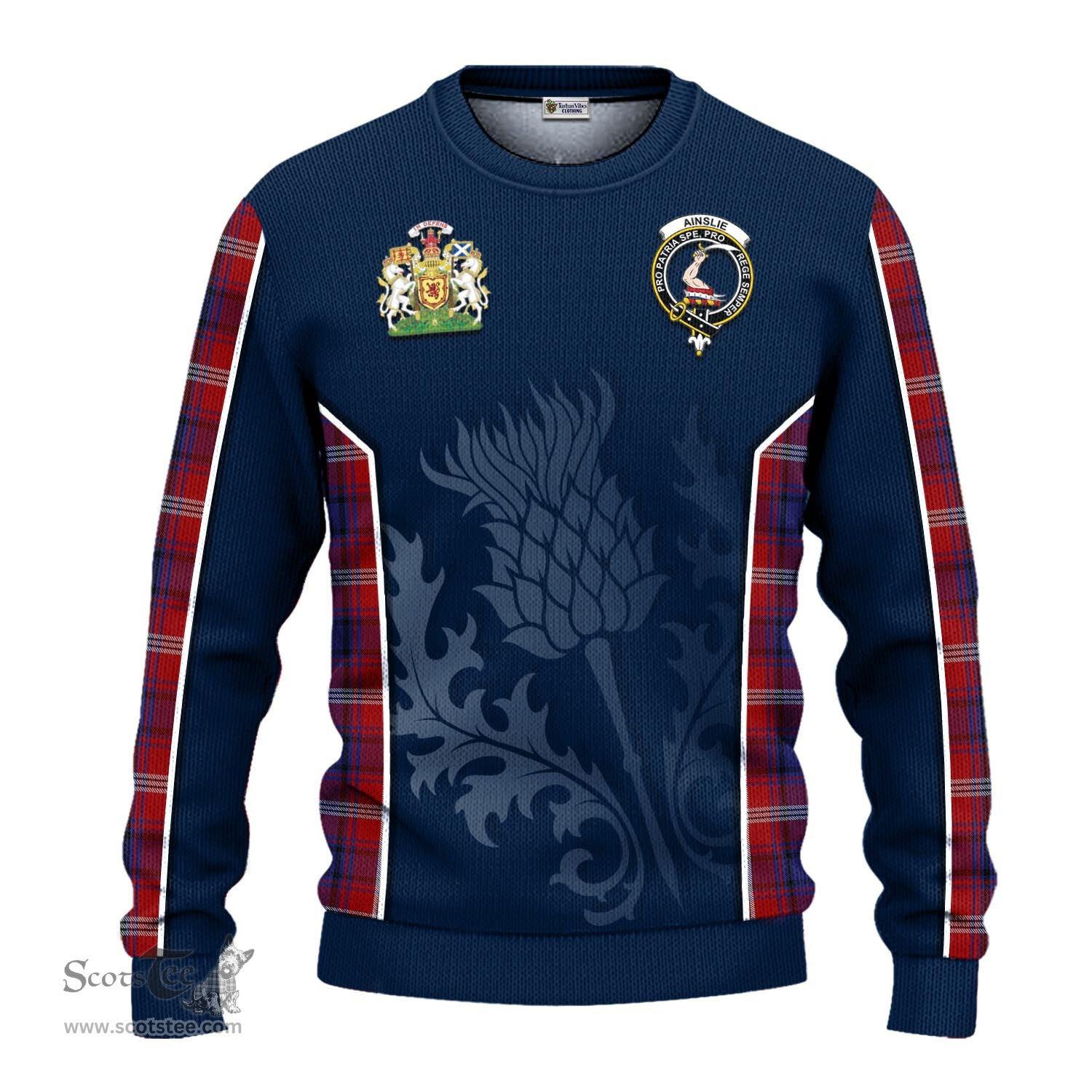 ScotsTee Shop Scottish Ainslie Clan Scottish Crest and Scottish Thistle Sport Tartan Sweatshirt