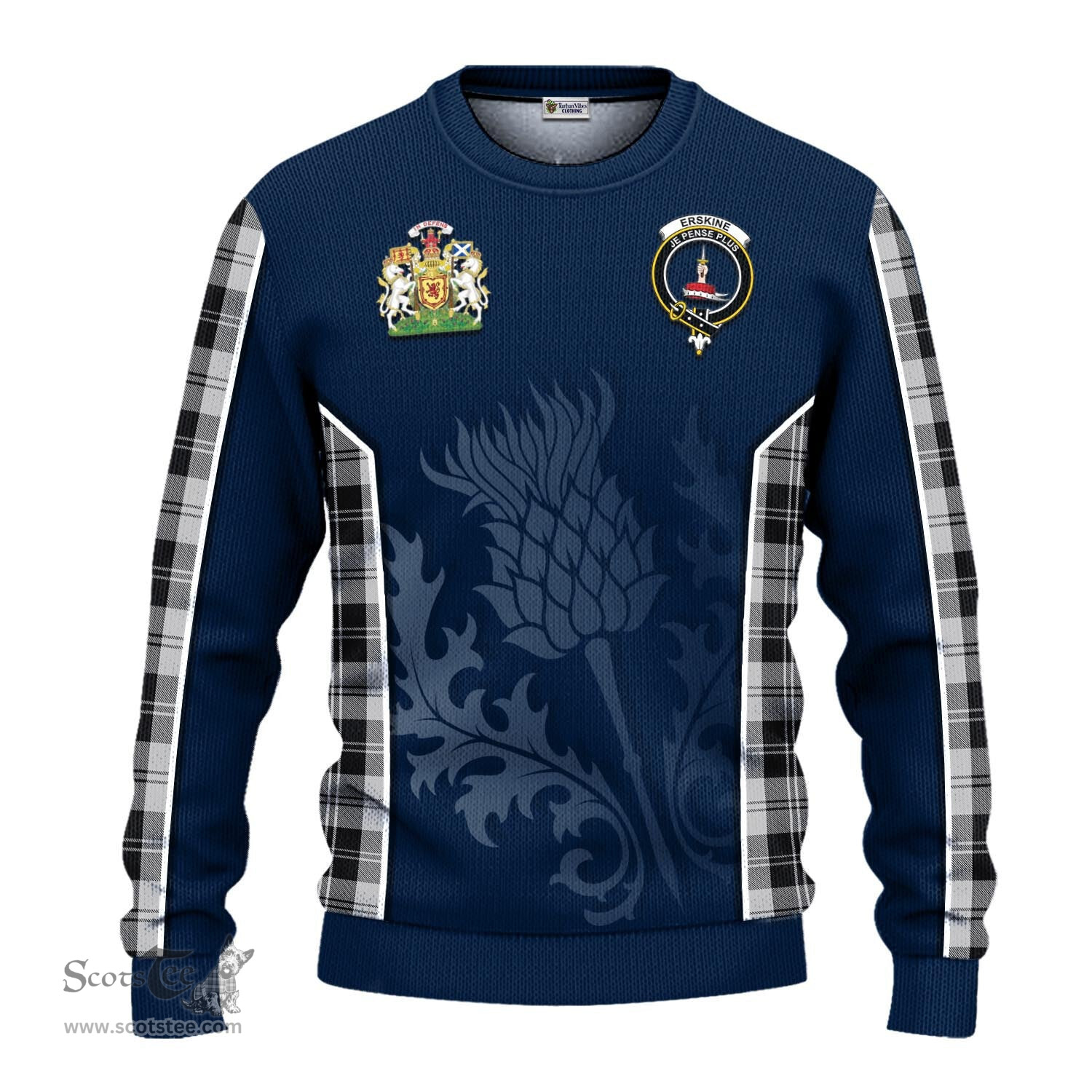 ScotsTee Shop Scottish Erskine Black and White Clan Scottish Crest and Scottish Thistle Sport Tartan Sweatshirt
