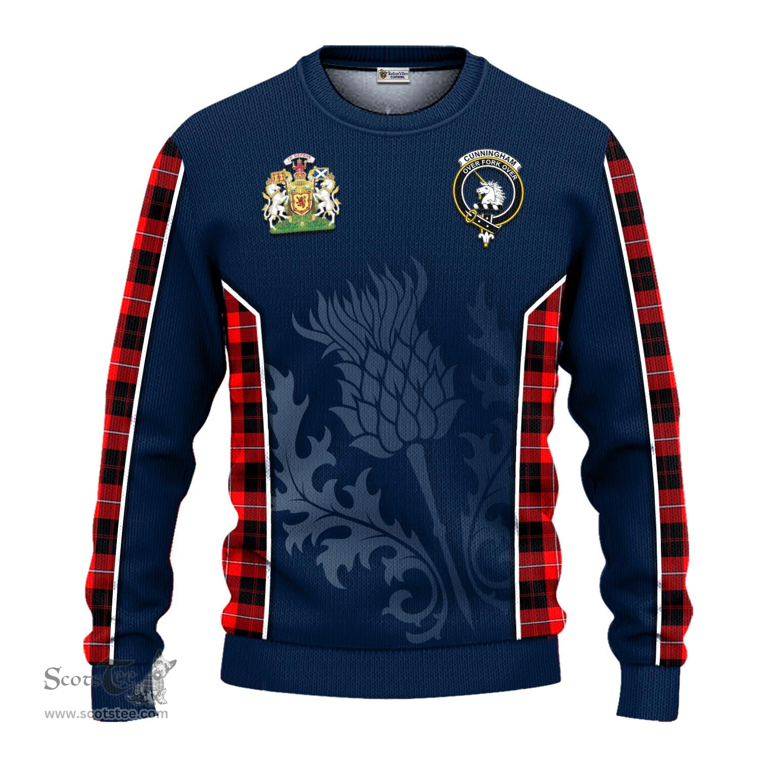 ScotsTee Shop Scottish Cunningham Modern Clan Scottish Crest and Scottish Thistle Sport Tartan Sweatshirt