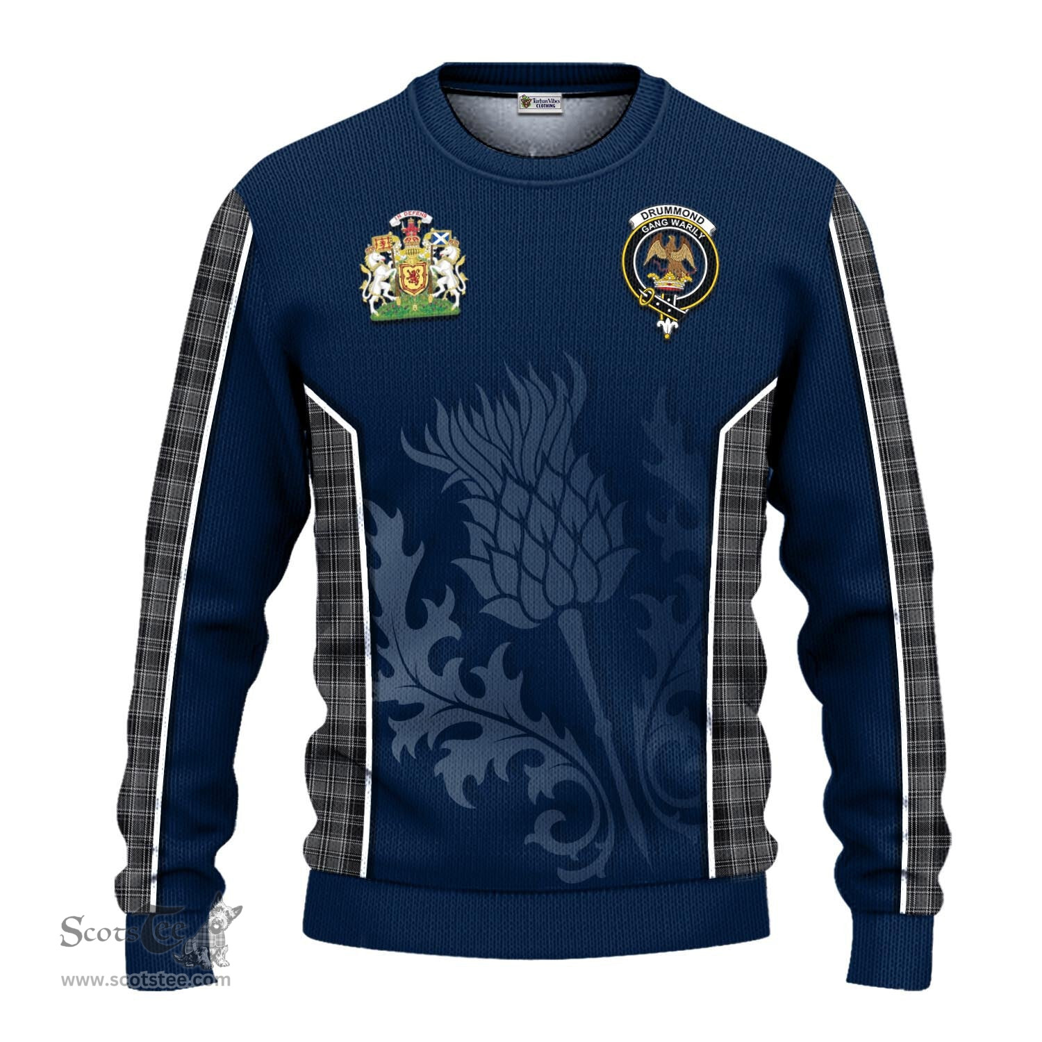 ScotsTee Shop Scottish Drummond Grey Clan Scottish Crest and Scottish Thistle Sport Tartan Sweatshirt
