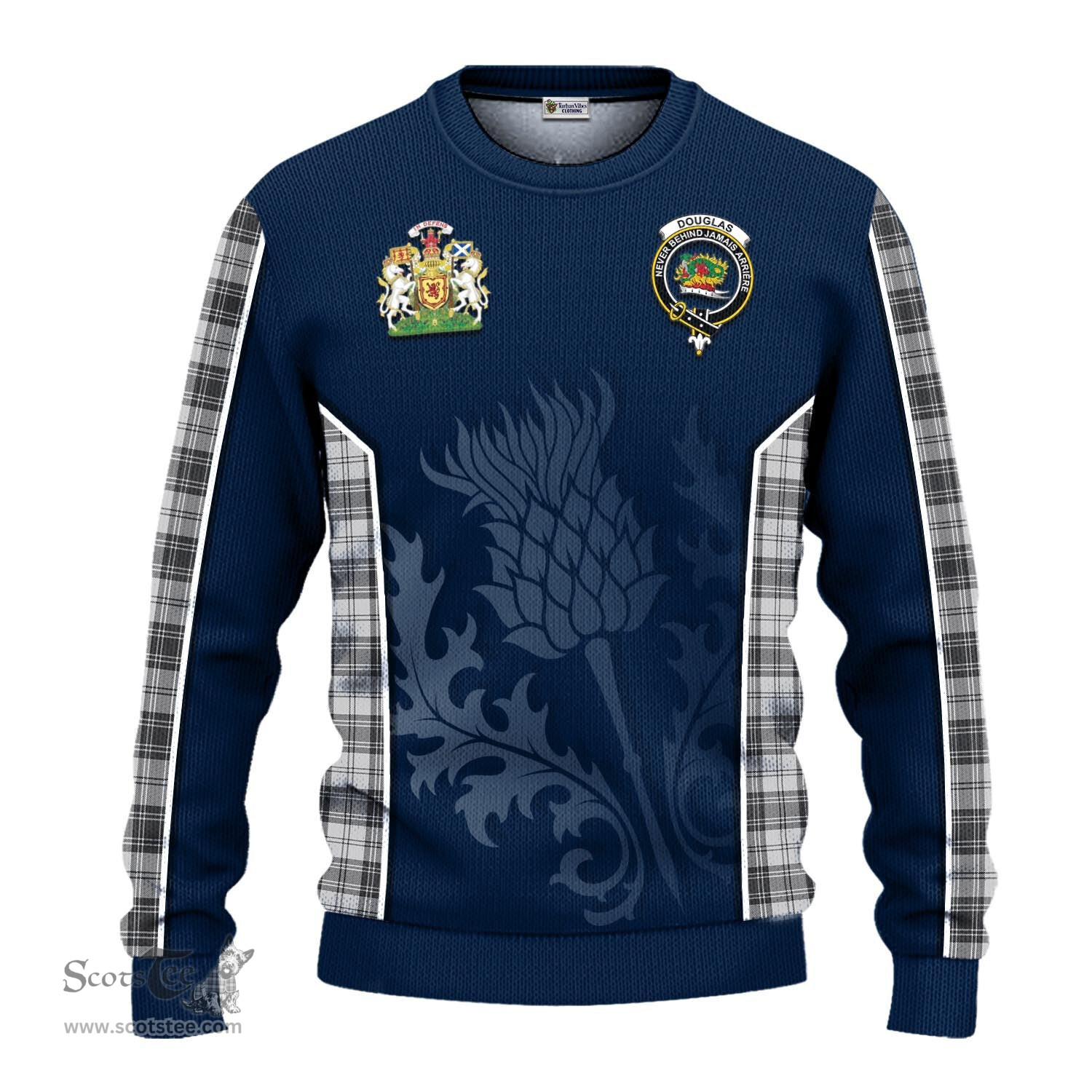 ScotsTee Shop Scottish Douglas Grey Modern Clan Scottish Crest and Scottish Thistle Sport Tartan Sweatshirt