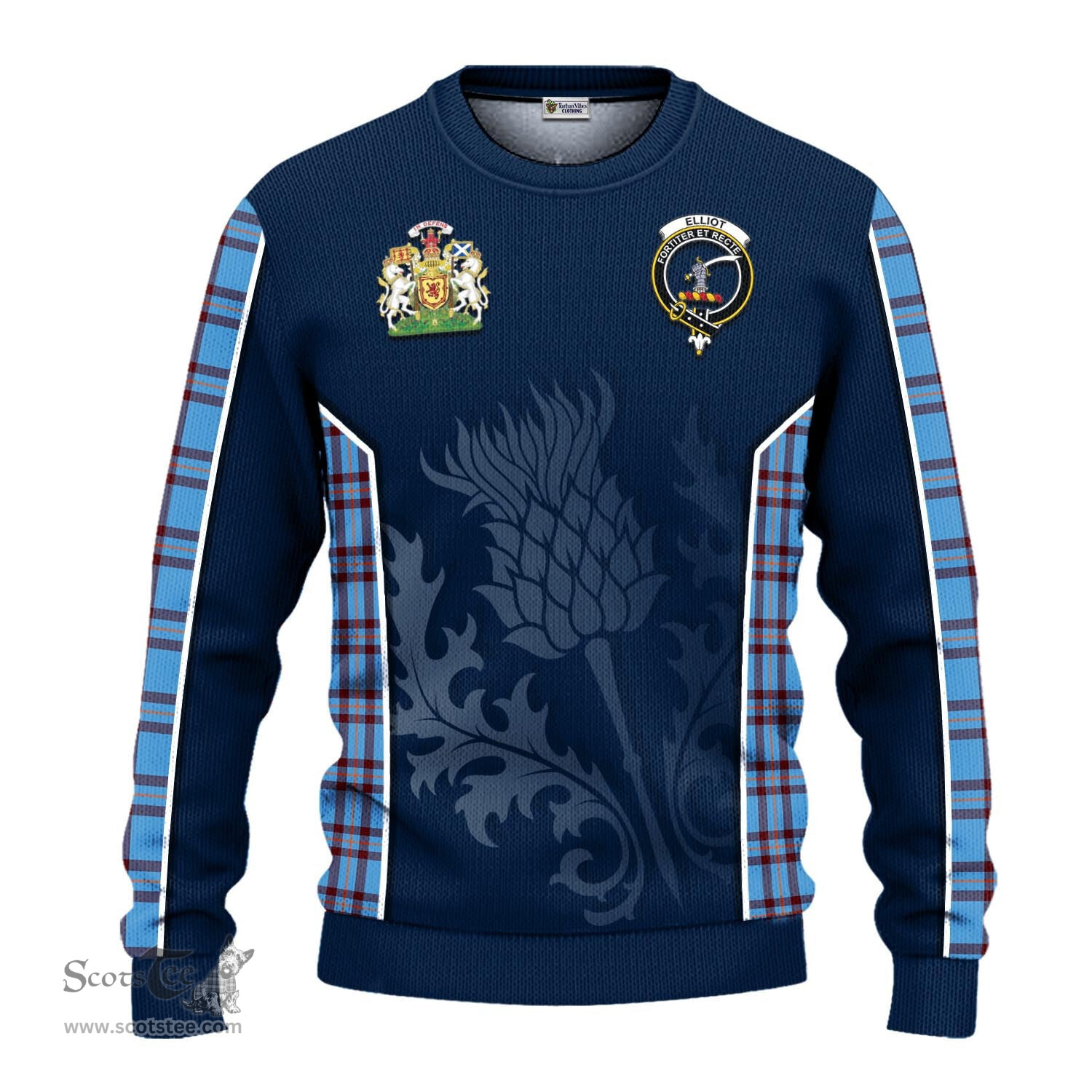ScotsTee Shop Scottish Elliot Ancient Clan Scottish Crest and Scottish Thistle Sport Tartan Sweatshirt