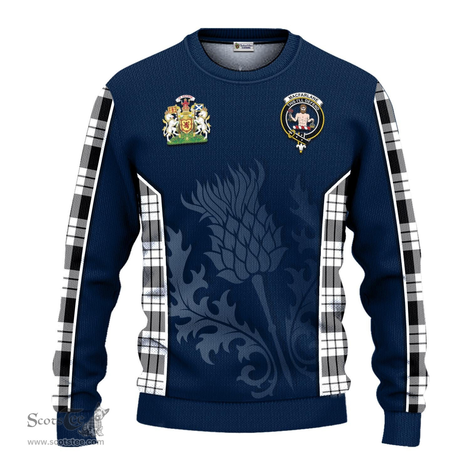 ScotsTee Shop Scottish MacFarlane Black White Clan Scottish Crest and Scottish Thistle Sport Tartan Sweatshirt