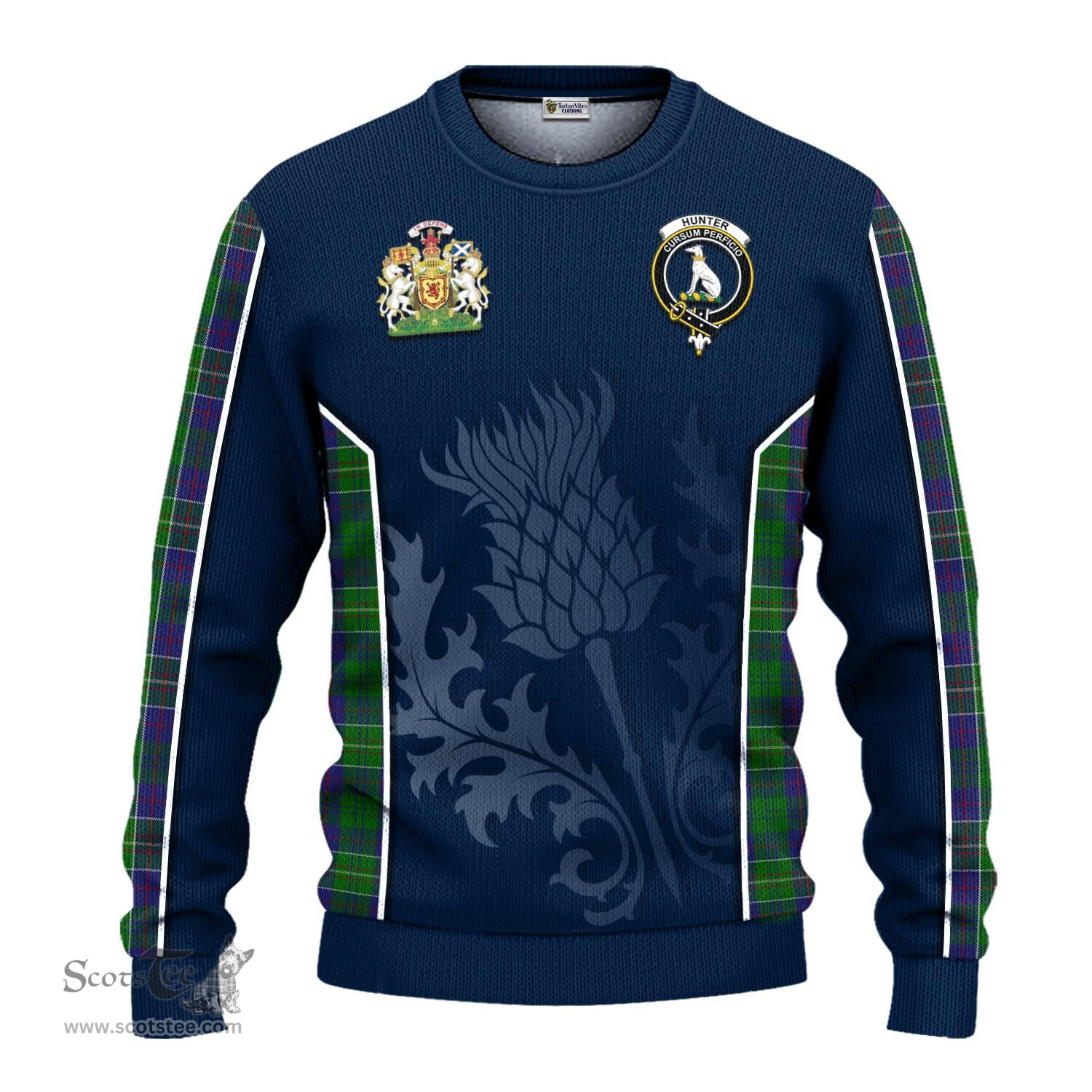 ScotsTee Shop Scottish Hunter of Hunterston Clan Scottish Crest and Scottish Thistle Sport Tartan Sweatshirt