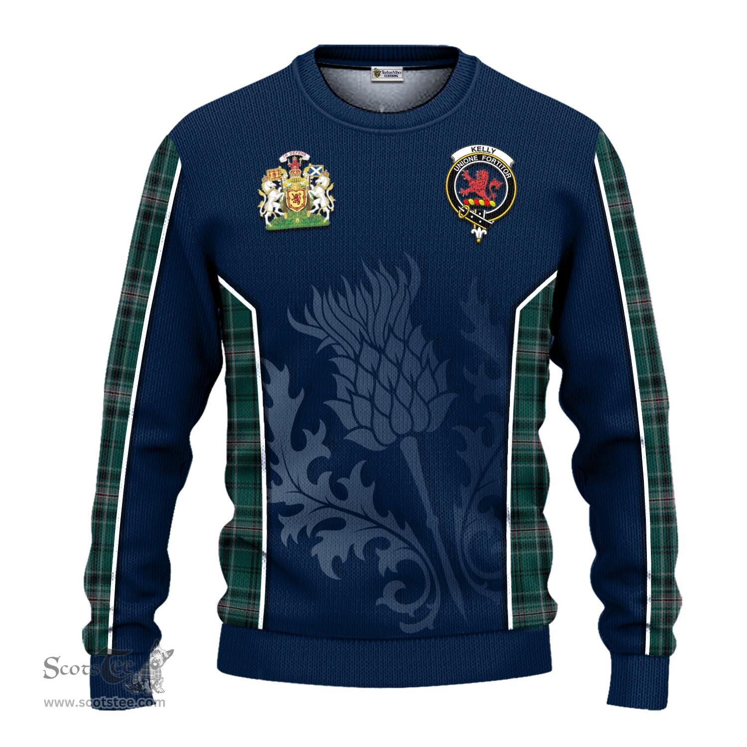 ScotsTee Shop Scottish Kelly of Sleat Hunting Clan Scottish Crest and Scottish Thistle Sport Tartan Sweatshirt