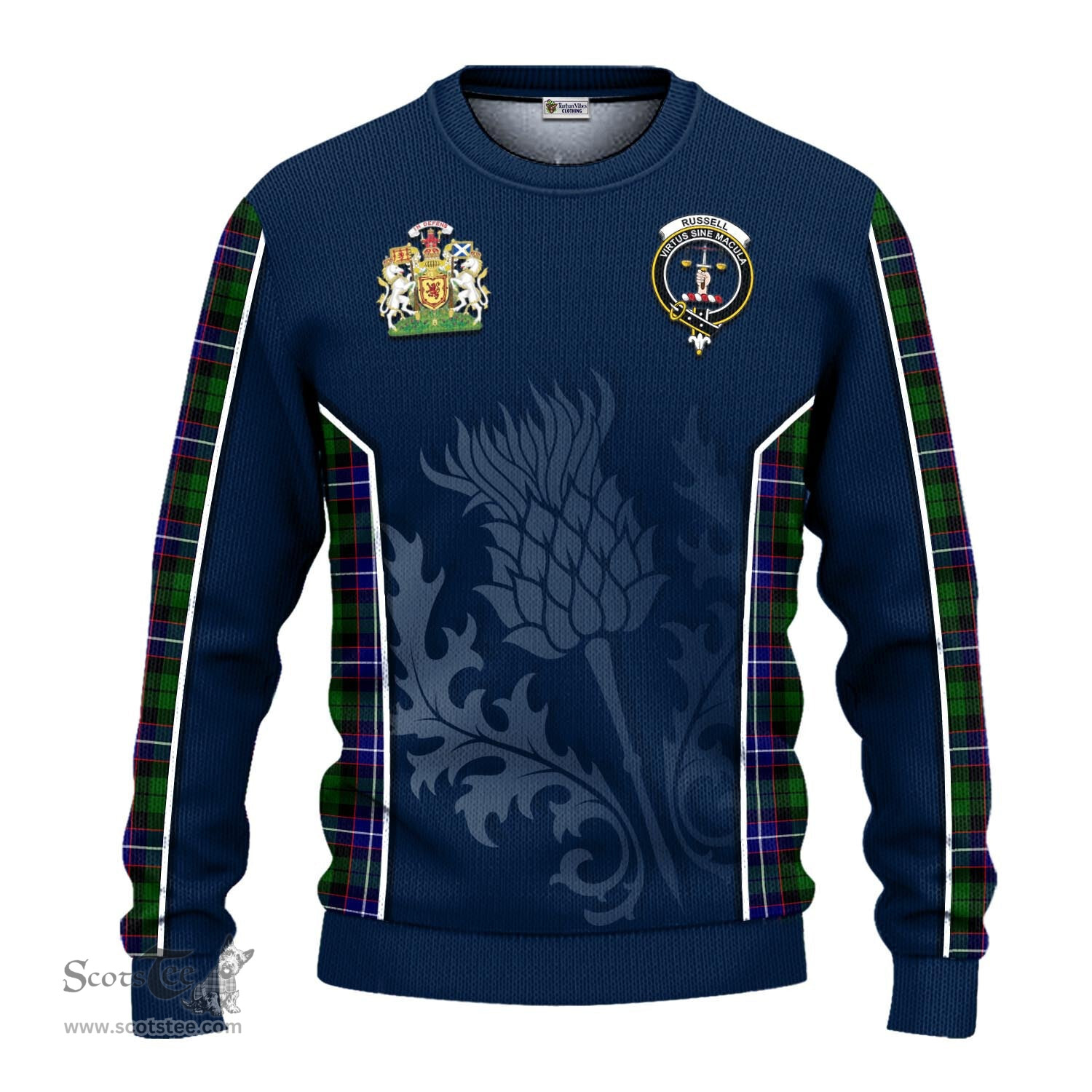 ScotsTee Shop Scottish Russell Modern Clan Scottish Crest and Scottish Thistle Sport Tartan Sweatshirt
