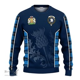 ScotsTee Shop Scottish Ramsay Blue Ancient Clan Scottish Crest and Scottish Thistle Sport Tartan Sweatshirt