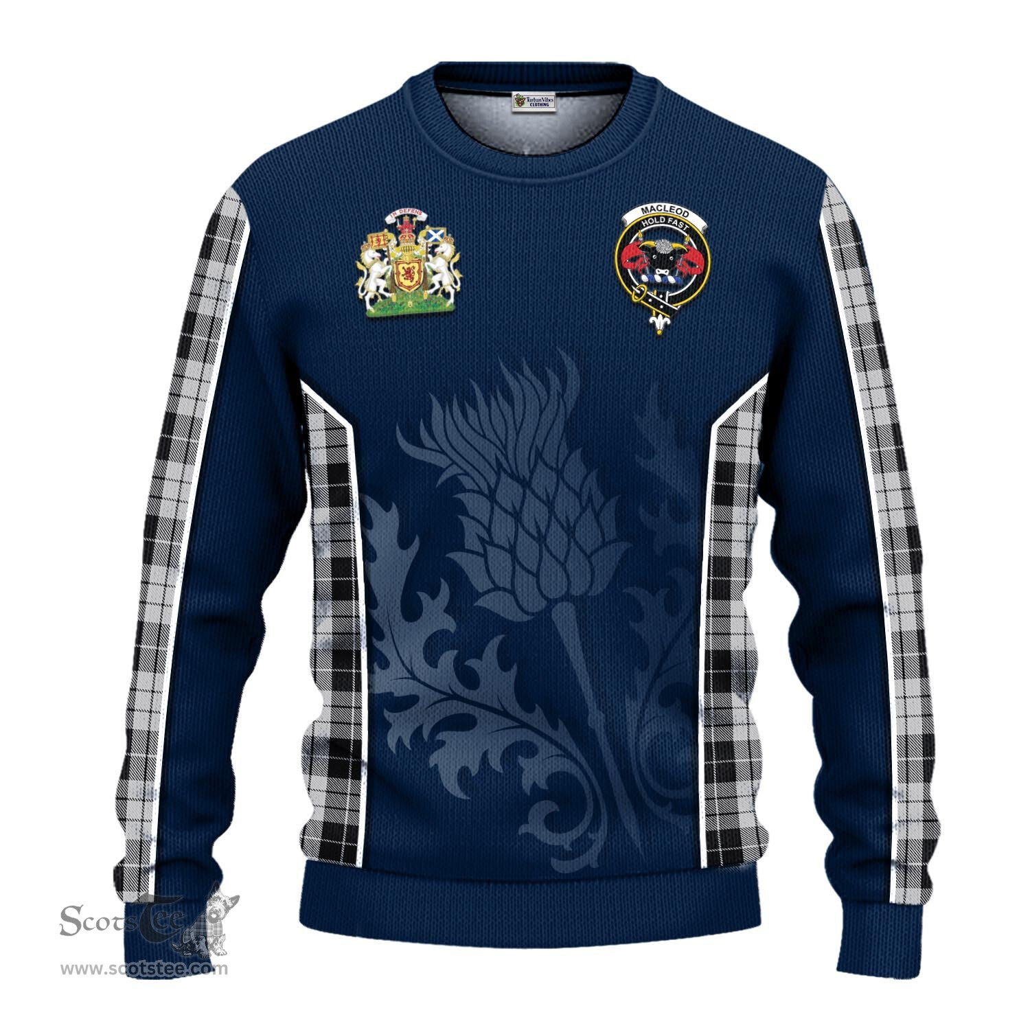 ScotsTee Shop Scottish MacLeod Black and White Clan Scottish Crest and Scottish Thistle Sport Tartan Sweatshirt