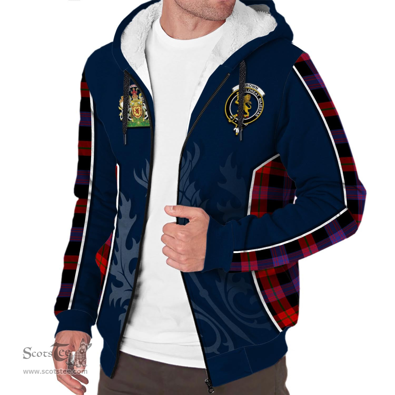 ScotsTee Shop Scottish Brown Clan Scottish Crest and Scottish Thistle Sport Tartan Sherpa Hoodie