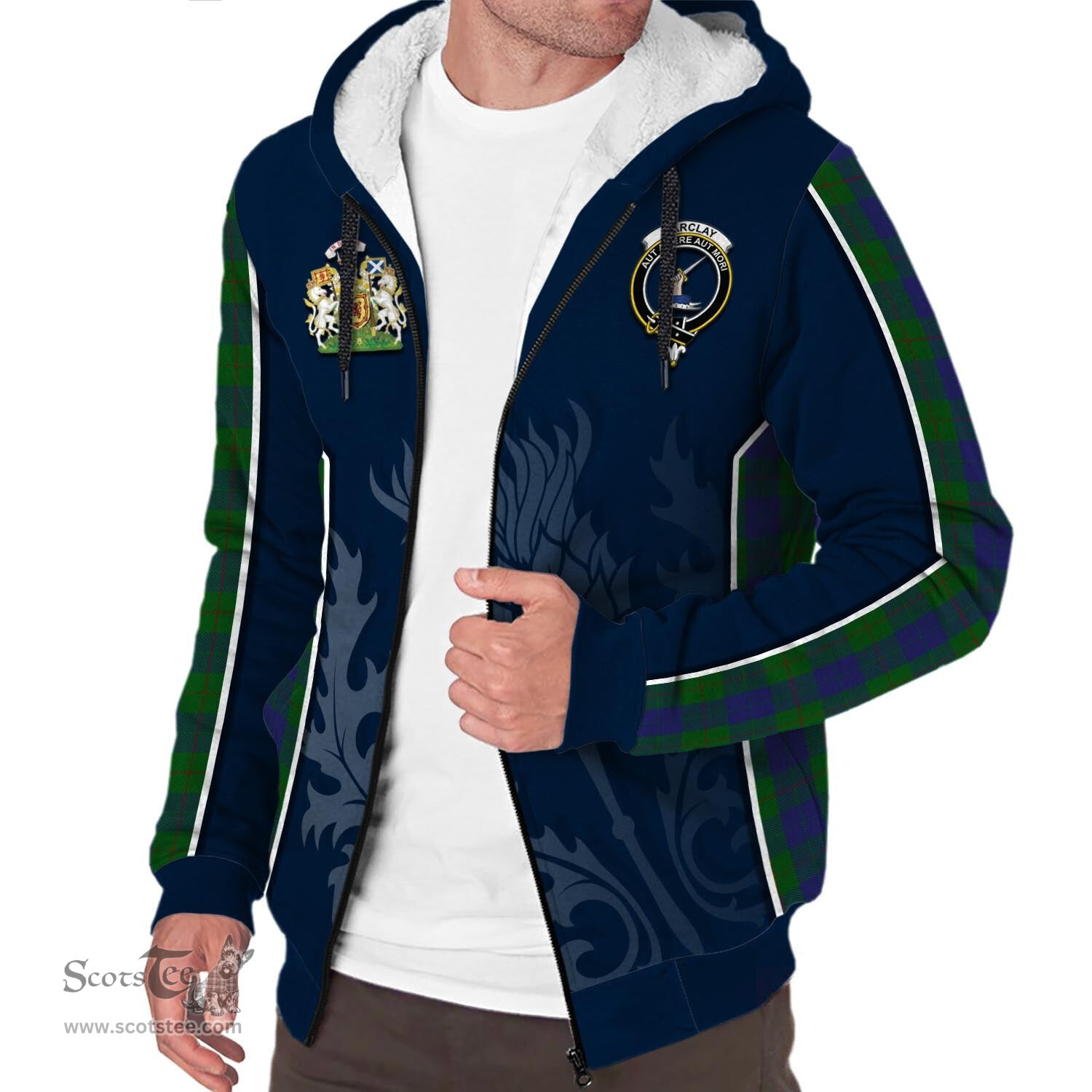 ScotsTee Shop Scottish Barclay Clan Scottish Crest and Scottish Thistle Sport Tartan Sherpa Hoodie