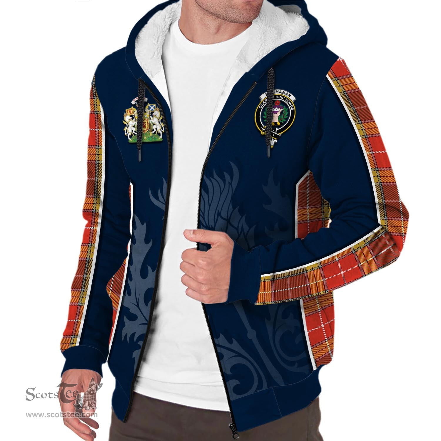 ScotsTee Shop Scottish Buchanan Old Set Weathered Clan Scottish Crest and Scottish Thistle Sport Tartan Sherpa Hoodie