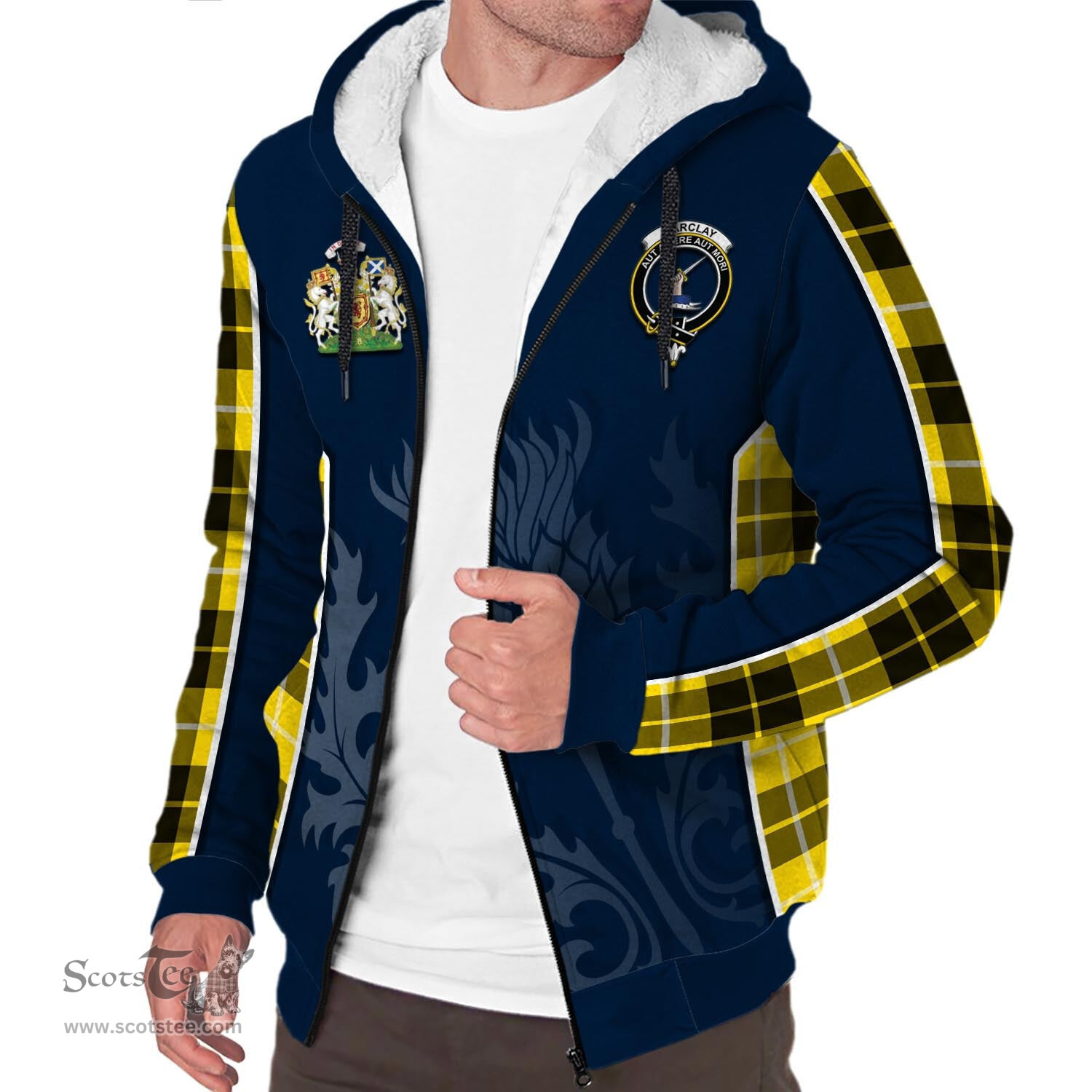 ScotsTee Shop Scottish Barclay Dress Modern Clan Scottish Crest and Scottish Thistle Sport Tartan Sherpa Hoodie