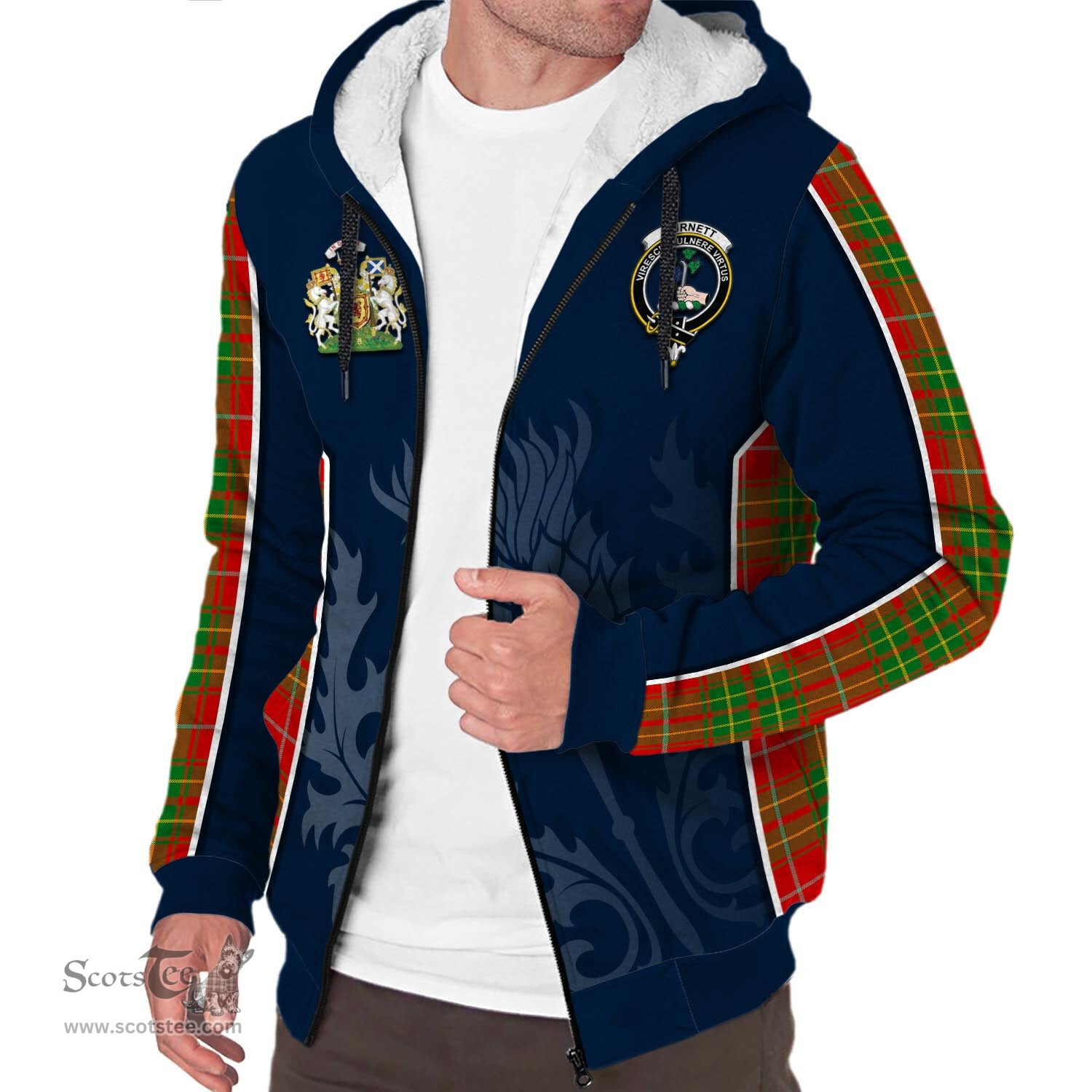 ScotsTee Shop Scottish Burnett Ancient Clan Scottish Crest and Scottish Thistle Sport Tartan Sherpa Hoodie