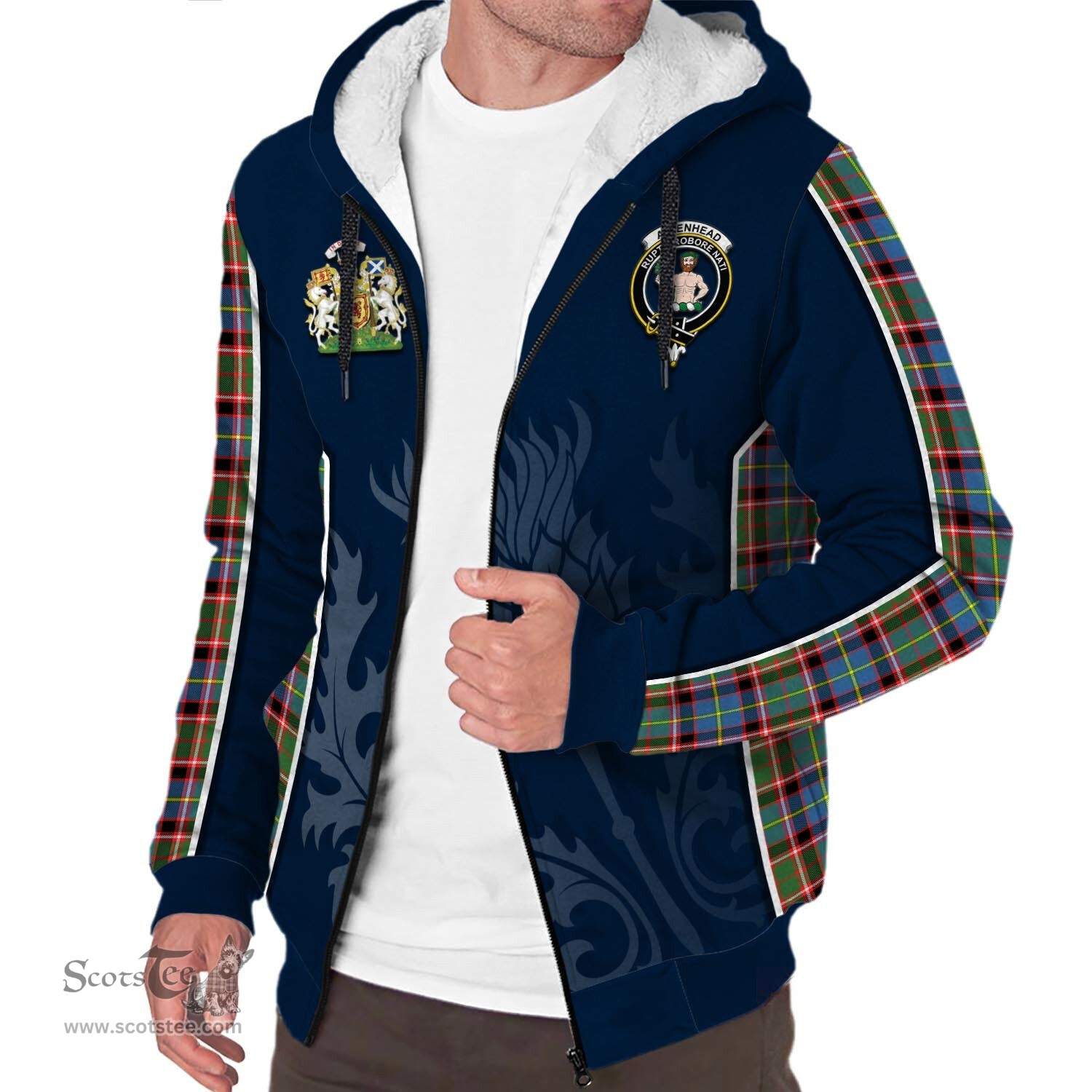 ScotsTee Shop Scottish Aikenhead Clan Scottish Crest and Scottish Thistle Sport Tartan Sherpa Hoodie