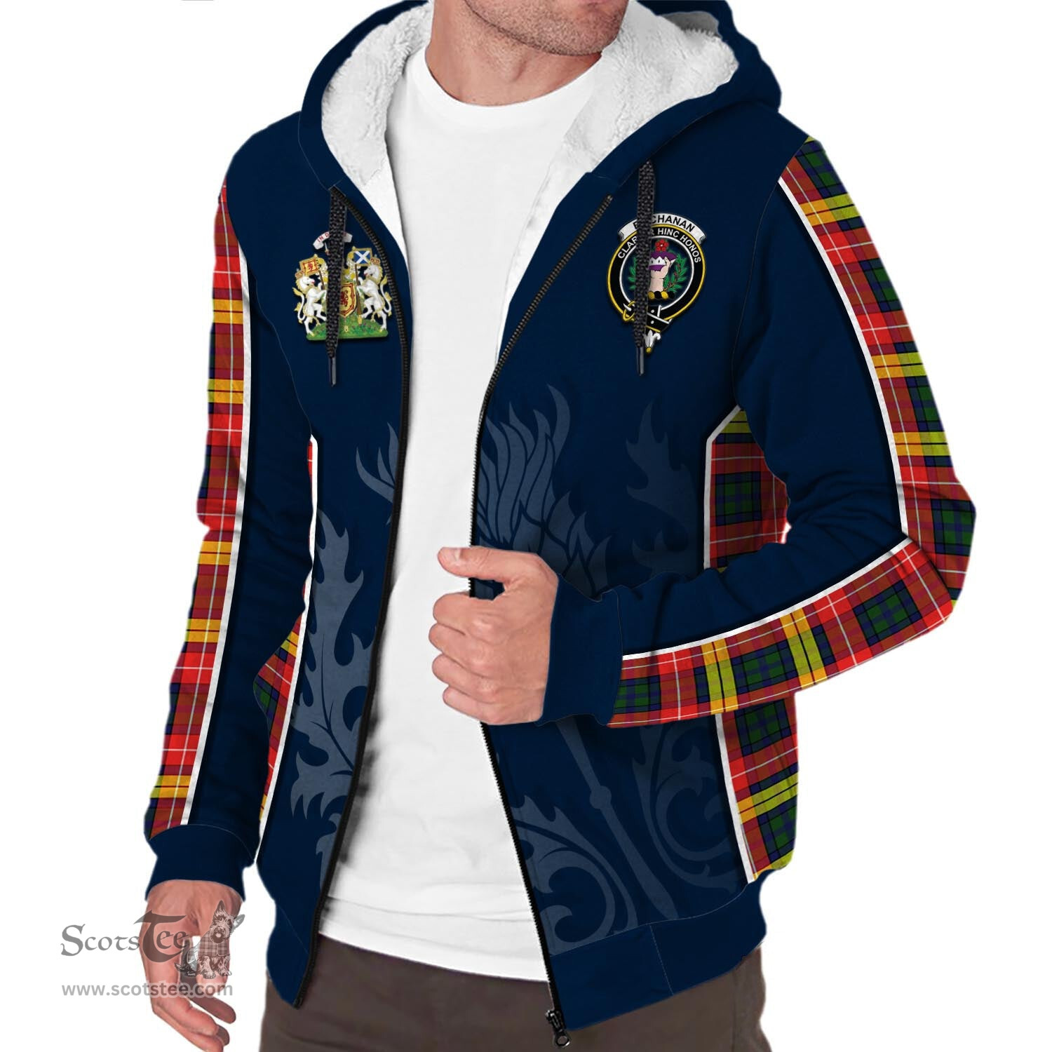 ScotsTee Shop Scottish Buchanan Modern Clan Scottish Crest and Scottish Thistle Sport Tartan Sherpa Hoodie