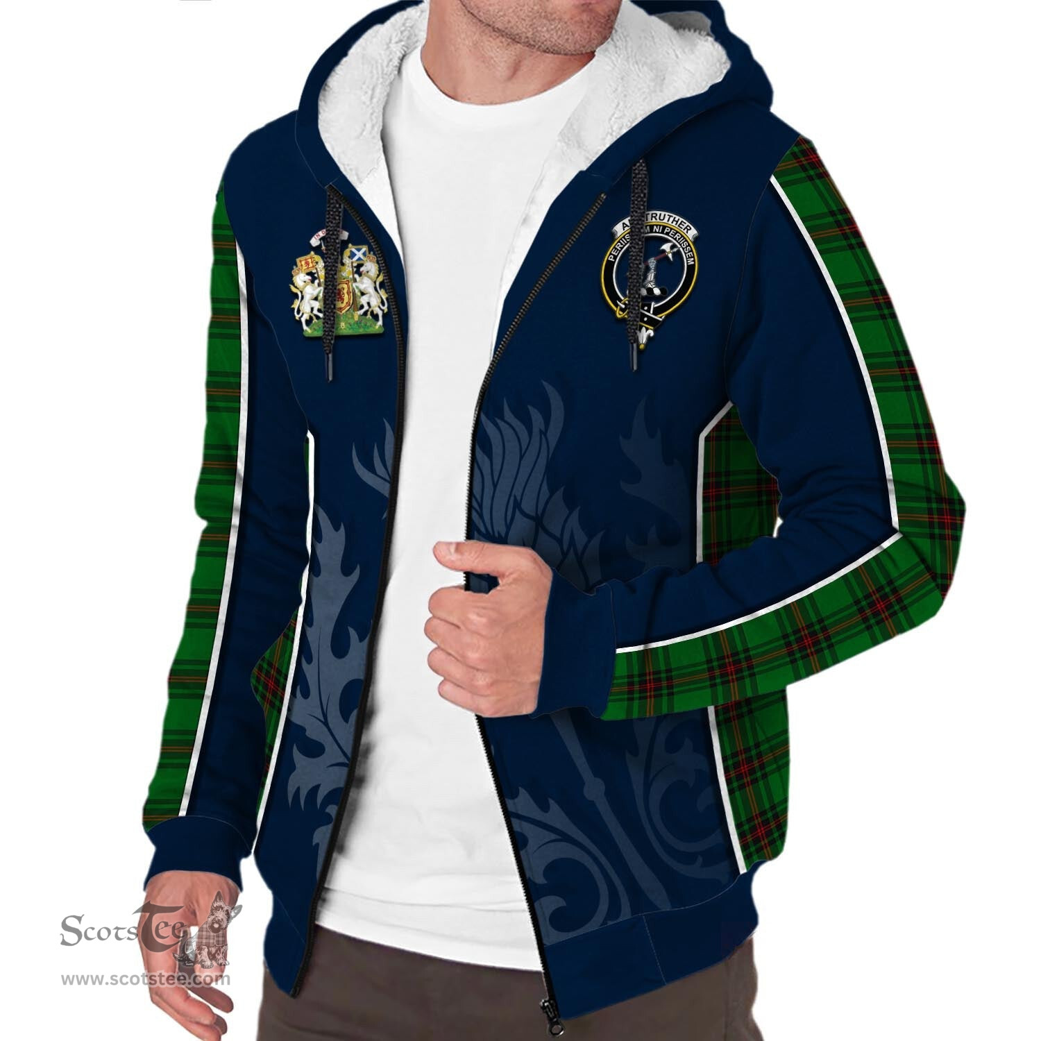 ScotsTee Shop Scottish Anstruther Clan Scottish Crest and Scottish Thistle Sport Tartan Sherpa Hoodie