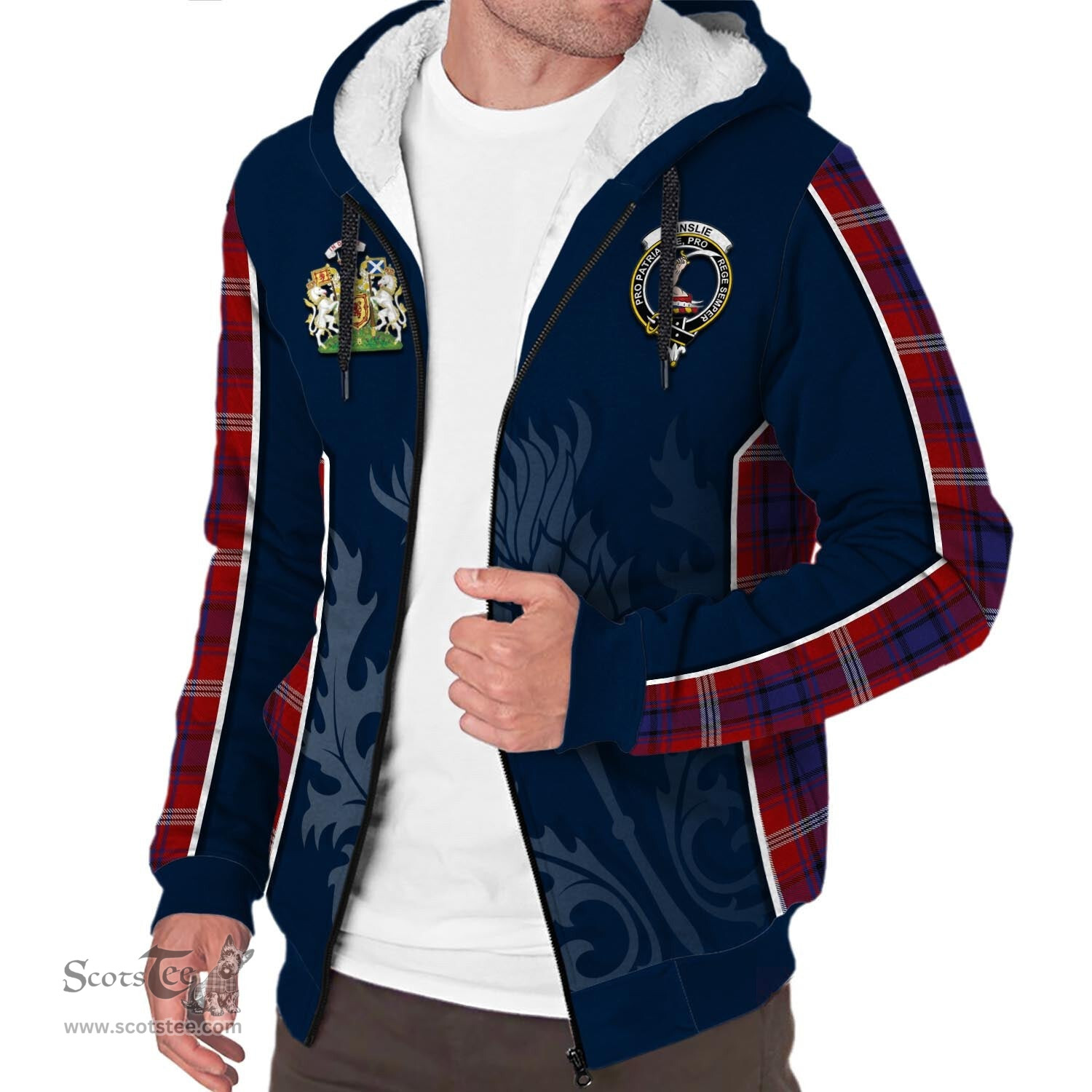 ScotsTee Shop Scottish Ainslie Clan Scottish Crest and Scottish Thistle Sport Tartan Sherpa Hoodie
