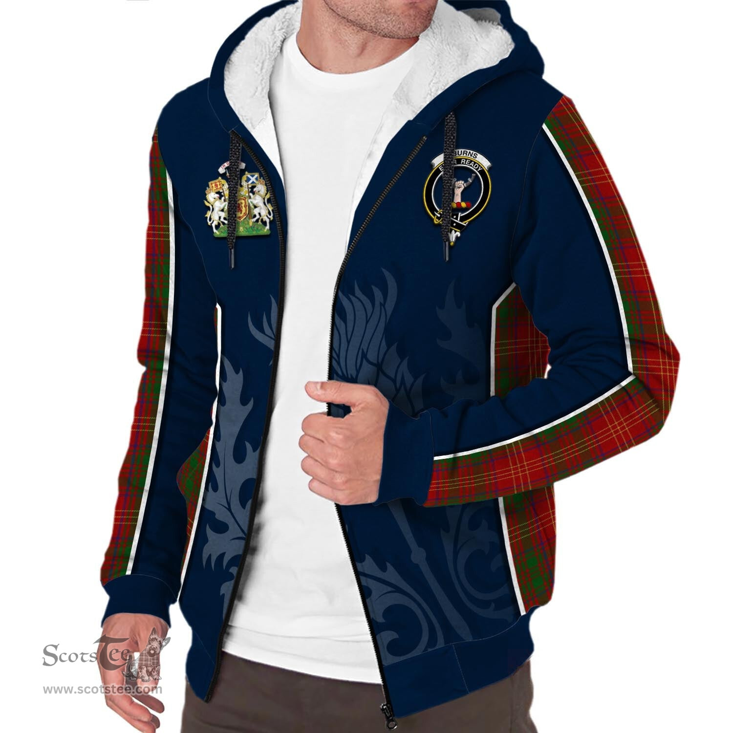 ScotsTee Shop Scottish Burns Clan Scottish Crest and Scottish Thistle Sport Tartan Sherpa Hoodie