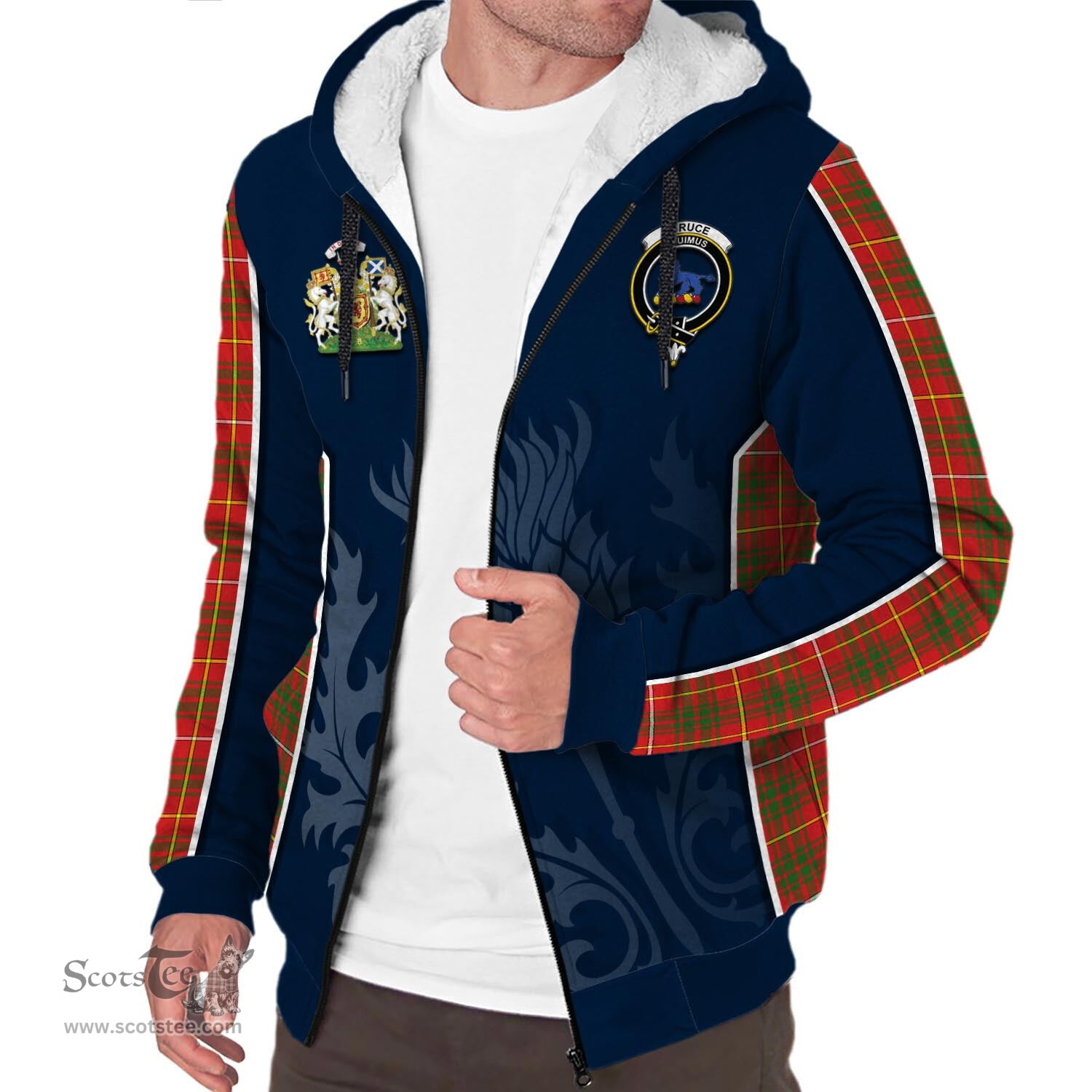 ScotsTee Shop Scottish Bruce Modern Clan Scottish Crest and Scottish Thistle Sport Tartan Sherpa Hoodie