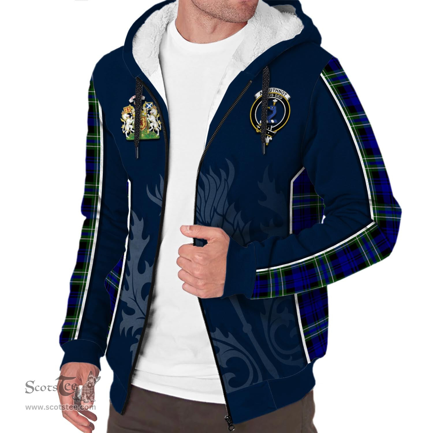 ScotsTee Shop Scottish Arbuthnot Modern Clan Scottish Crest and Scottish Thistle Sport Tartan Sherpa Hoodie