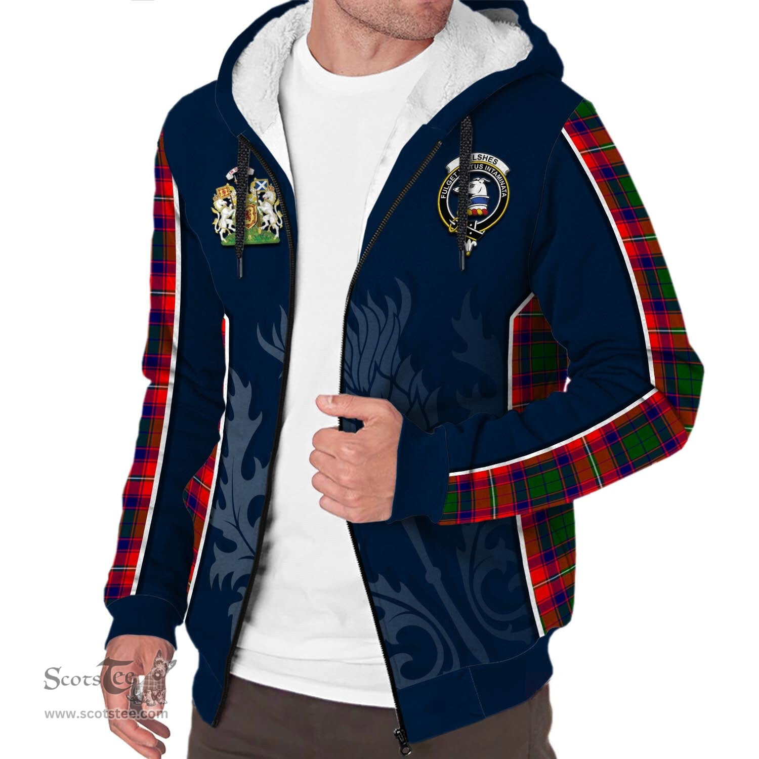 ScotsTee Shop Scottish Belshes Clan Scottish Crest and Scottish Thistle Sport Tartan Sherpa Hoodie
