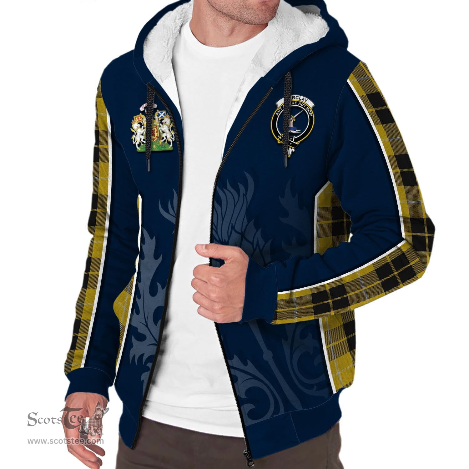 ScotsTee Shop Scottish Barclay Dress Clan Scottish Crest and Scottish Thistle Sport Tartan Sherpa Hoodie
