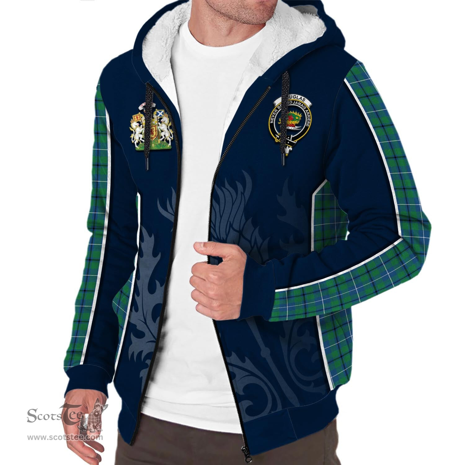 ScotsTee Shop Scottish Douglas Ancient Clan Scottish Crest and Scottish Thistle Sport Tartan Sherpa Hoodie