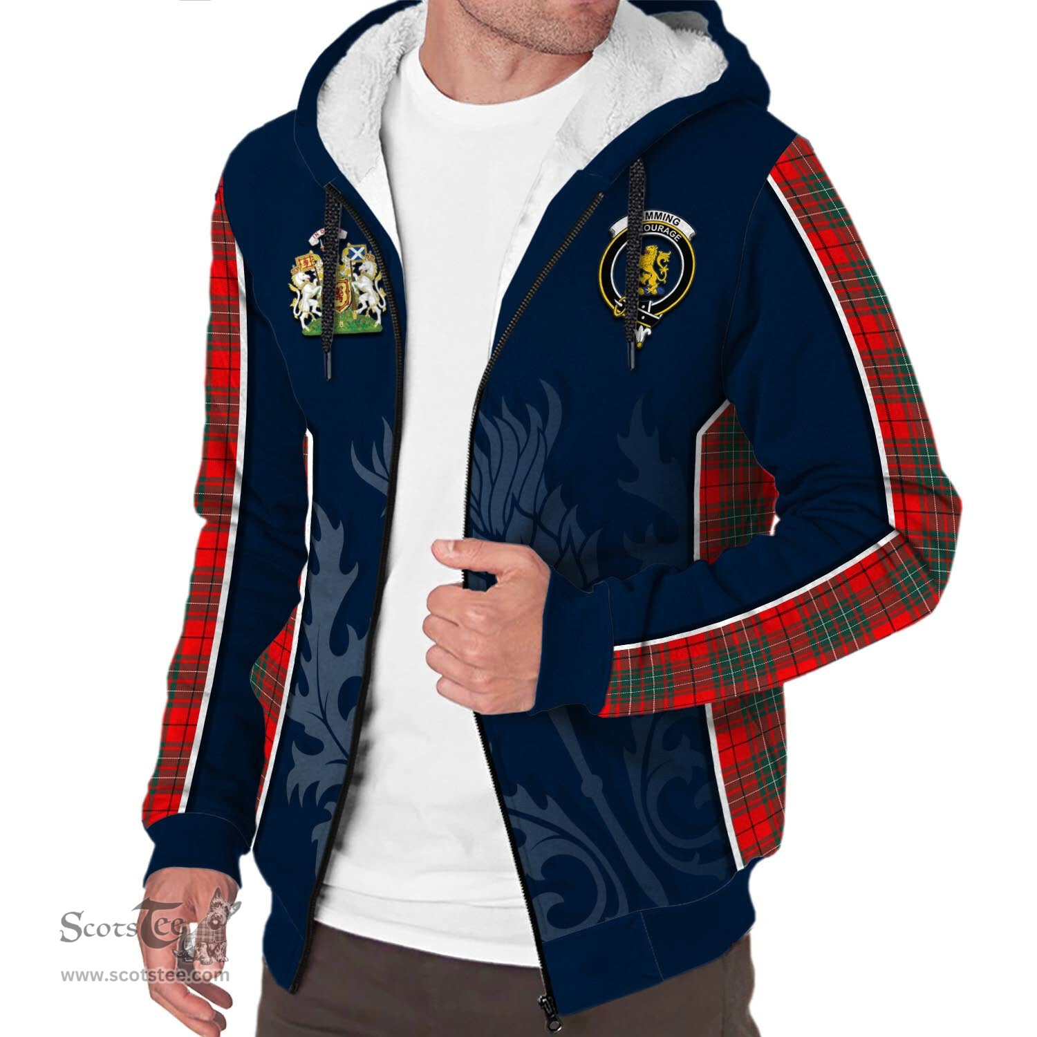 ScotsTee Shop Scottish Cumming Modern Clan Scottish Crest and Scottish Thistle Sport Tartan Sherpa Hoodie