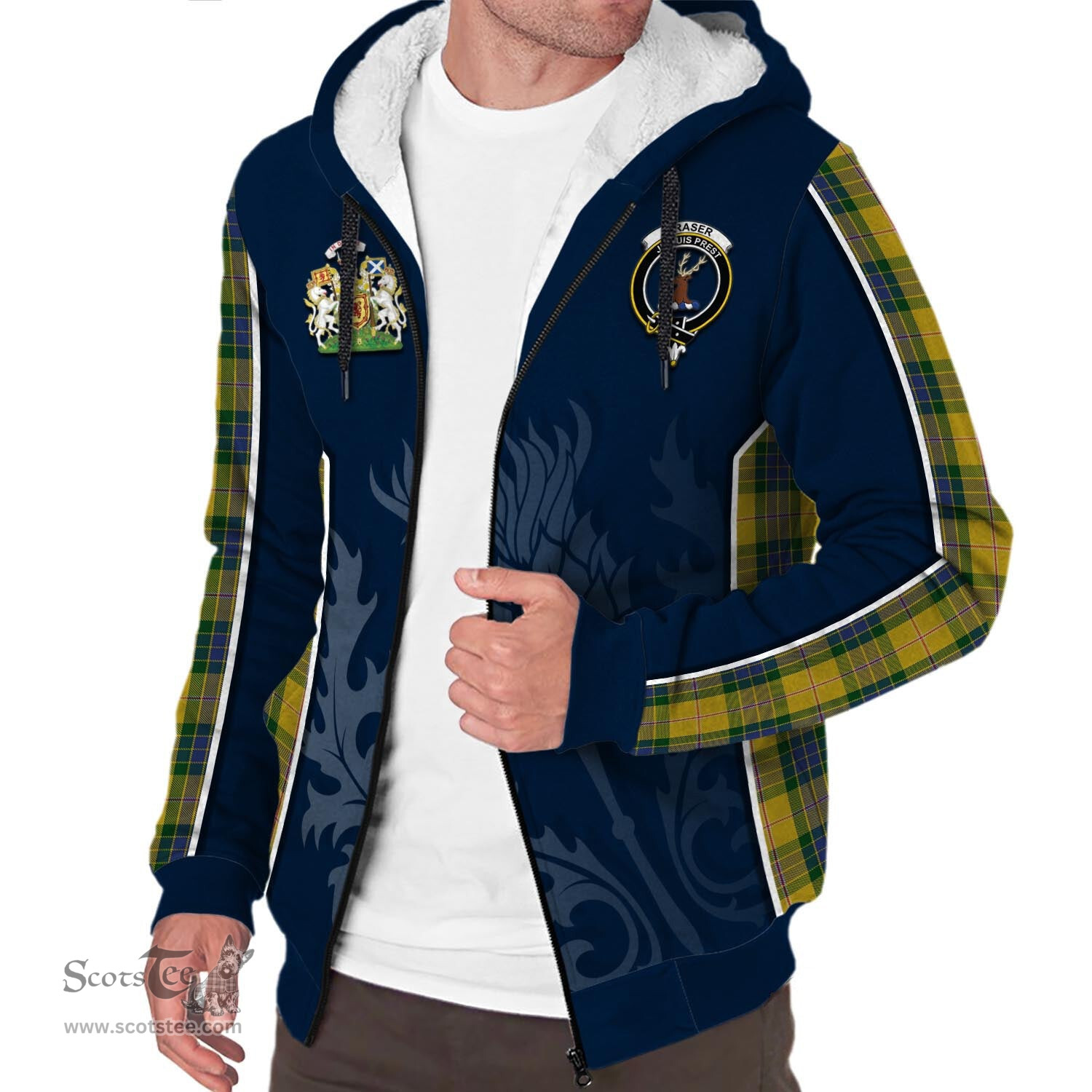 ScotsTee Shop Scottish Fraser Yellow Clan Scottish Crest and Scottish Thistle Sport Tartan Sherpa Hoodie