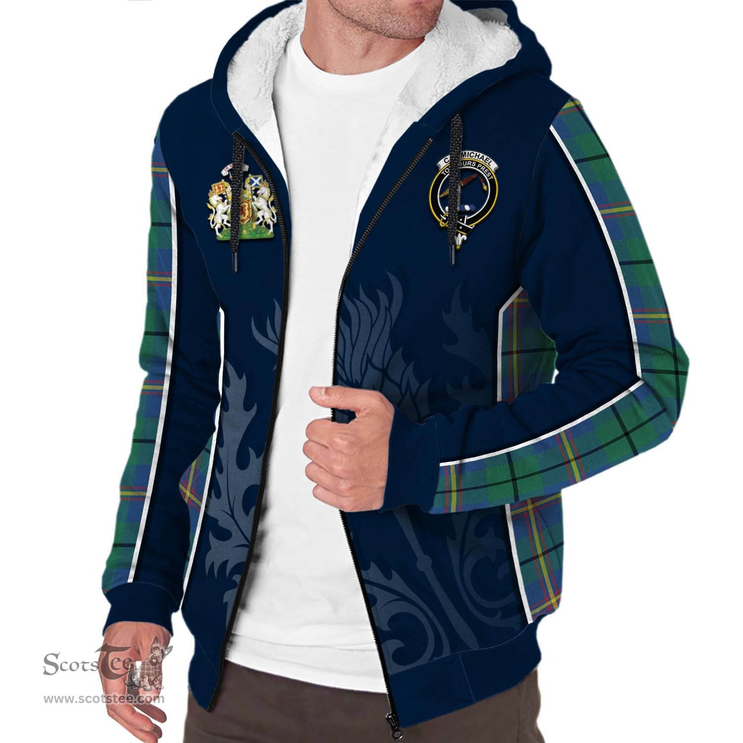 ScotsTee Shop Scottish Carmichael Ancient Clan Scottish Crest and Scottish Thistle Sport Tartan Sherpa Hoodie