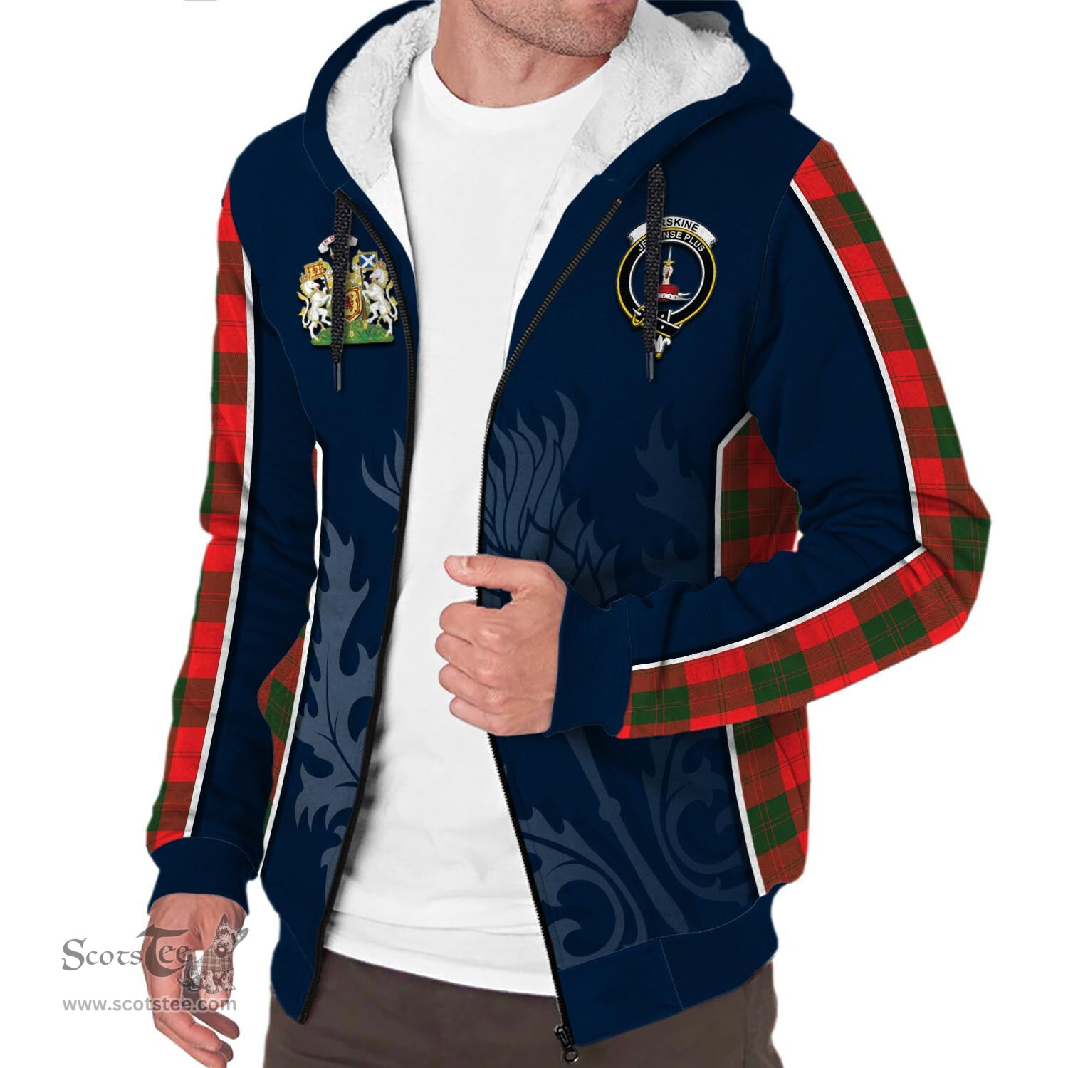 ScotsTee Shop Scottish Erskine Modern Clan Scottish Crest and Scottish Thistle Sport Tartan Sherpa Hoodie