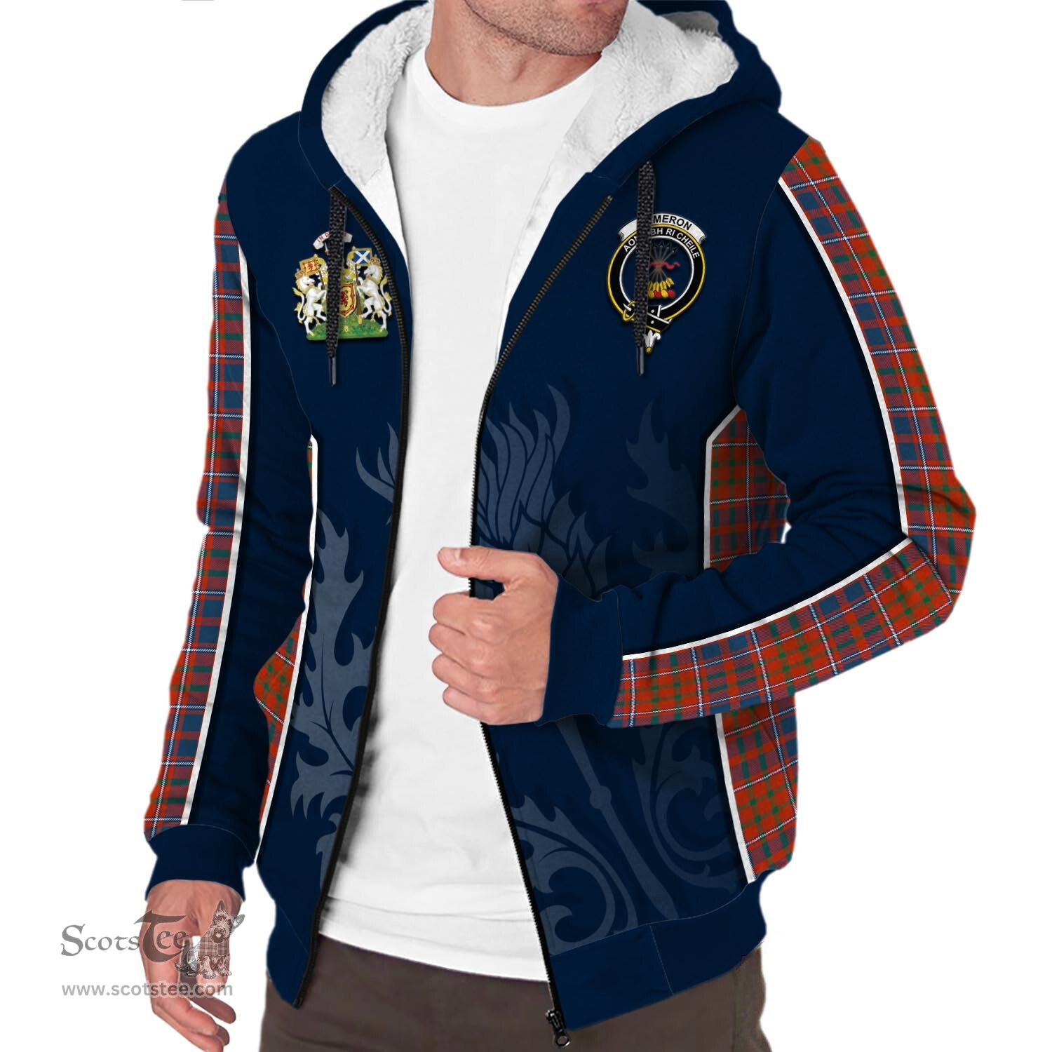 ScotsTee Shop Scottish Cameron of Lochiel Ancient Clan Scottish Crest and Scottish Thistle Sport Tartan Sherpa Hoodie
