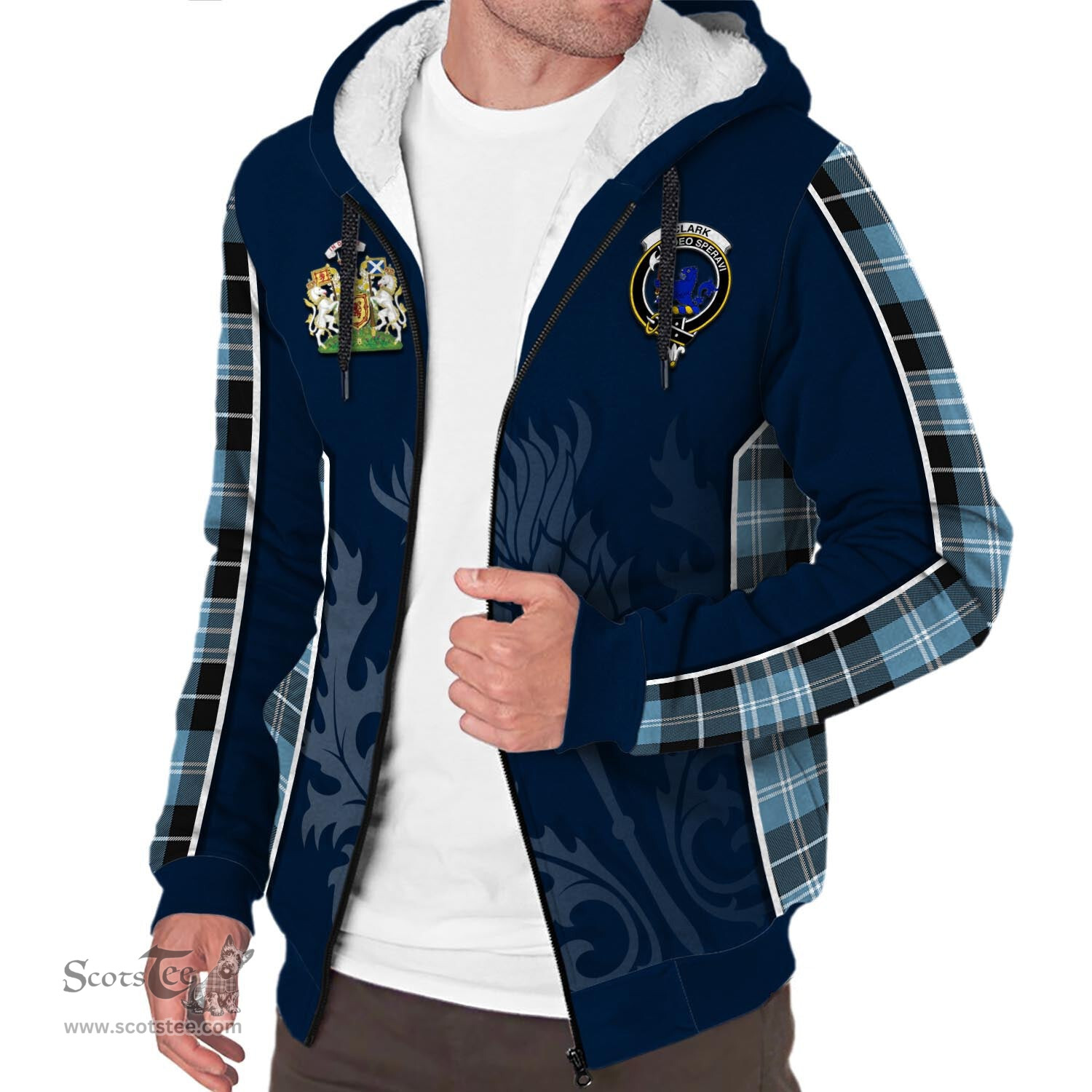 ScotsTee Shop Scottish Clark (Lion) Ancient Clan Scottish Crest and Scottish Thistle Sport Tartan Sherpa Hoodie