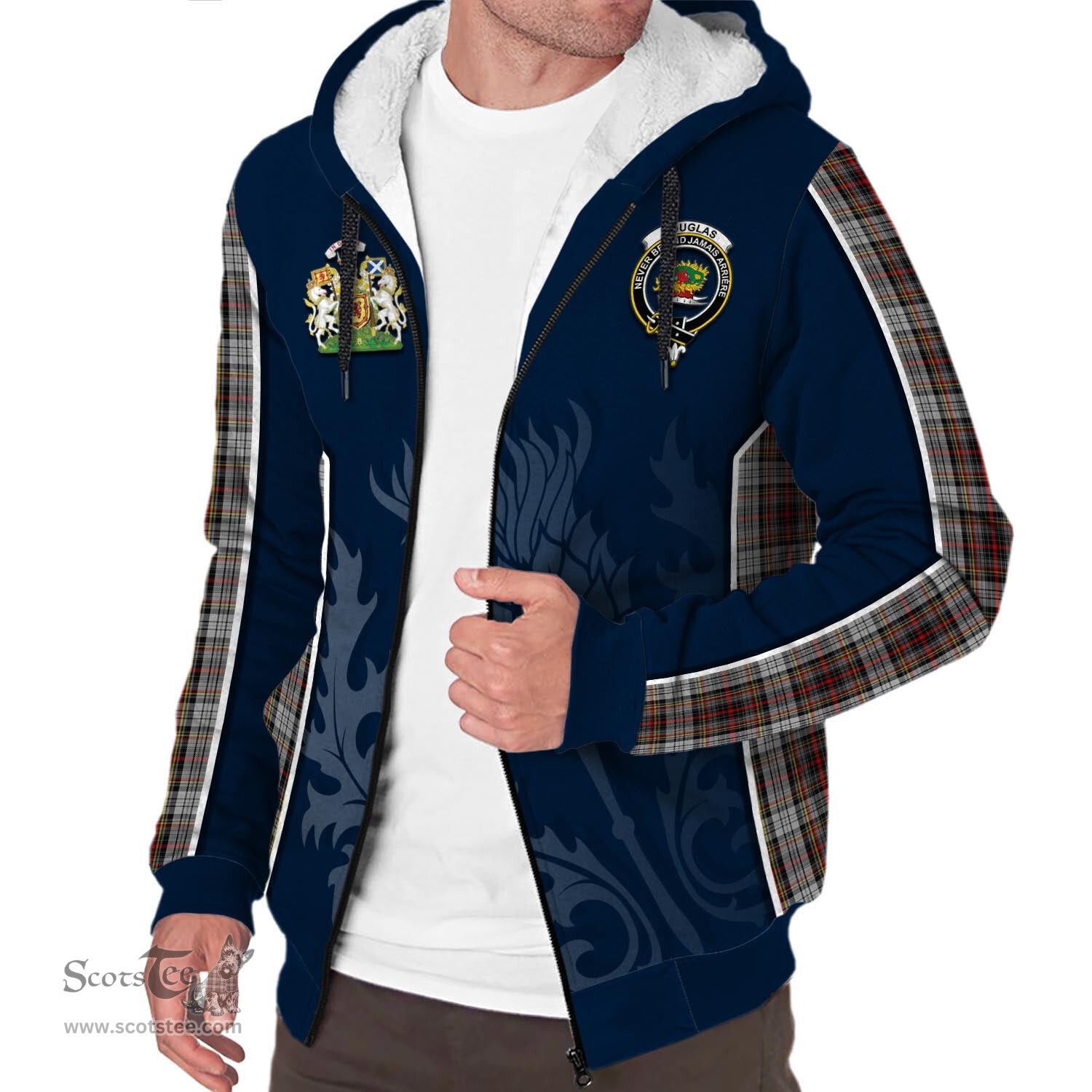 ScotsTee Shop Scottish Douglas Ancient Dress Clan Scottish Crest and Scottish Thistle Sport Tartan Sherpa Hoodie