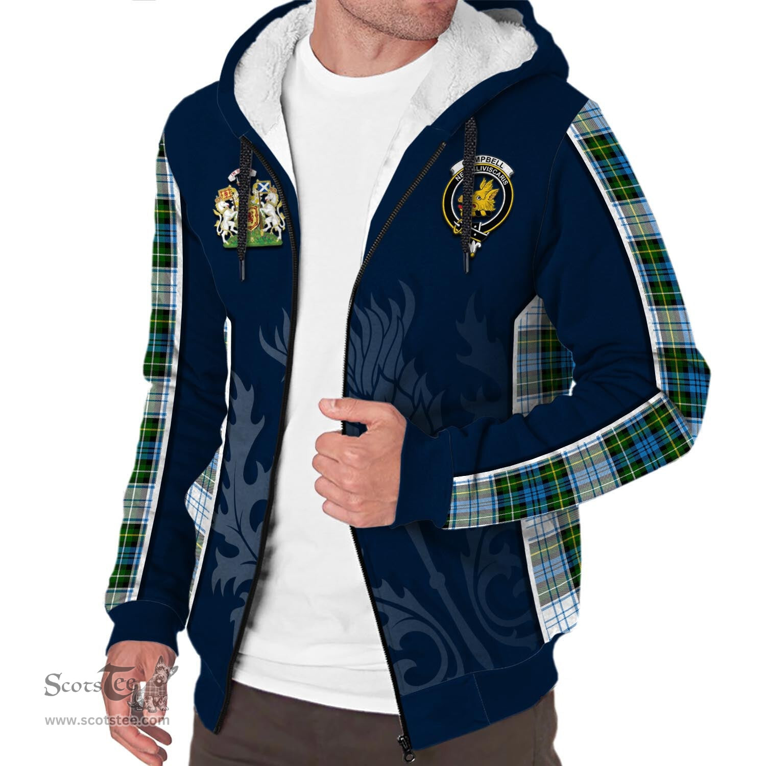 ScotsTee Shop Scottish Campbell Dress Clan Scottish Crest and Scottish Thistle Sport Tartan Sherpa Hoodie