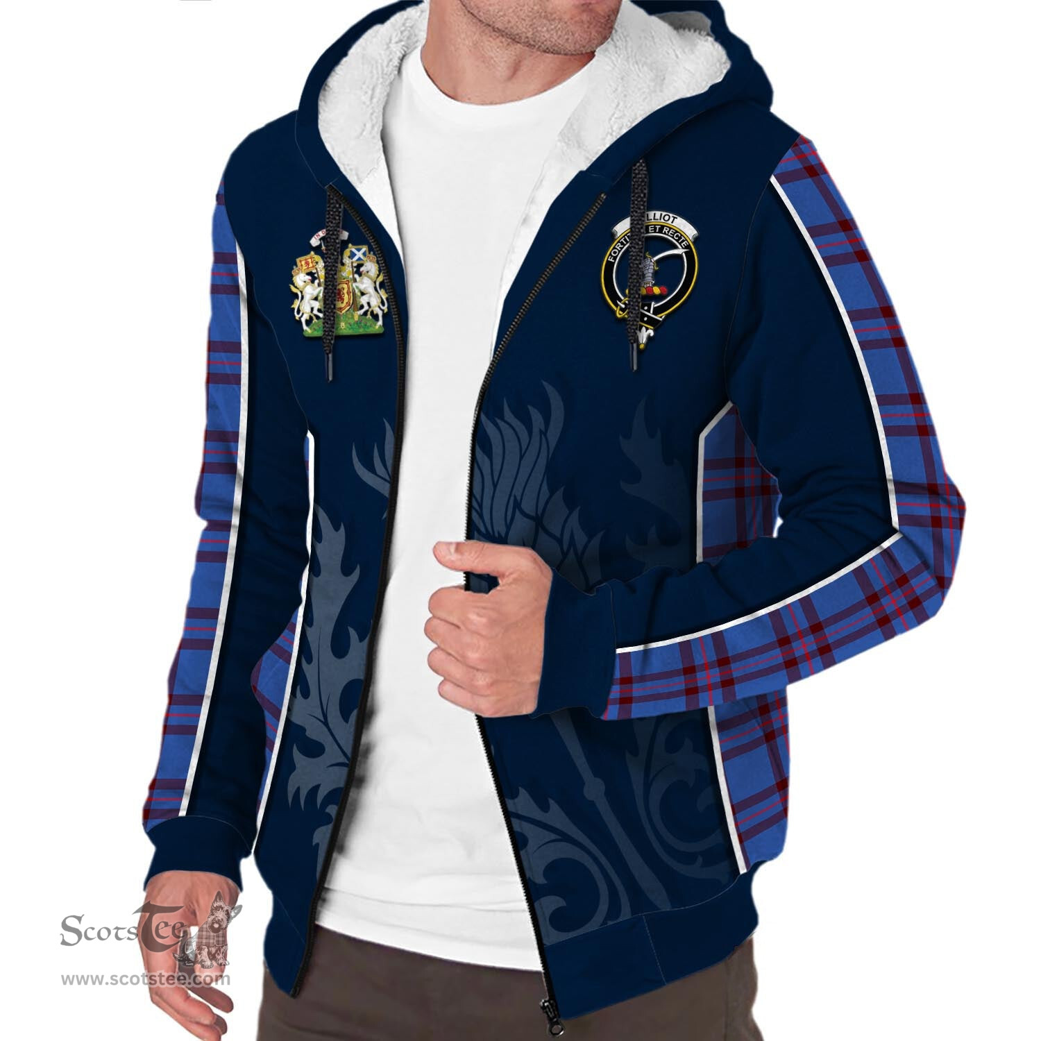 ScotsTee Shop Scottish Elliot Modern Clan Scottish Crest and Scottish Thistle Sport Tartan Sherpa Hoodie