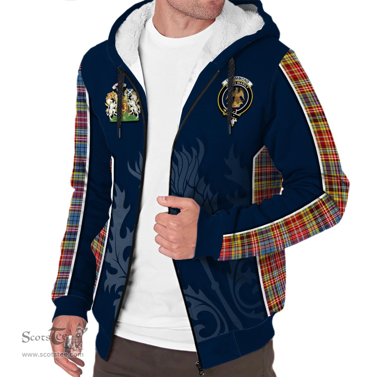 ScotsTee Shop Scottish Drummond of Strathallan Modern Clan Scottish Crest and Scottish Thistle Sport Tartan Sherpa Hoodie