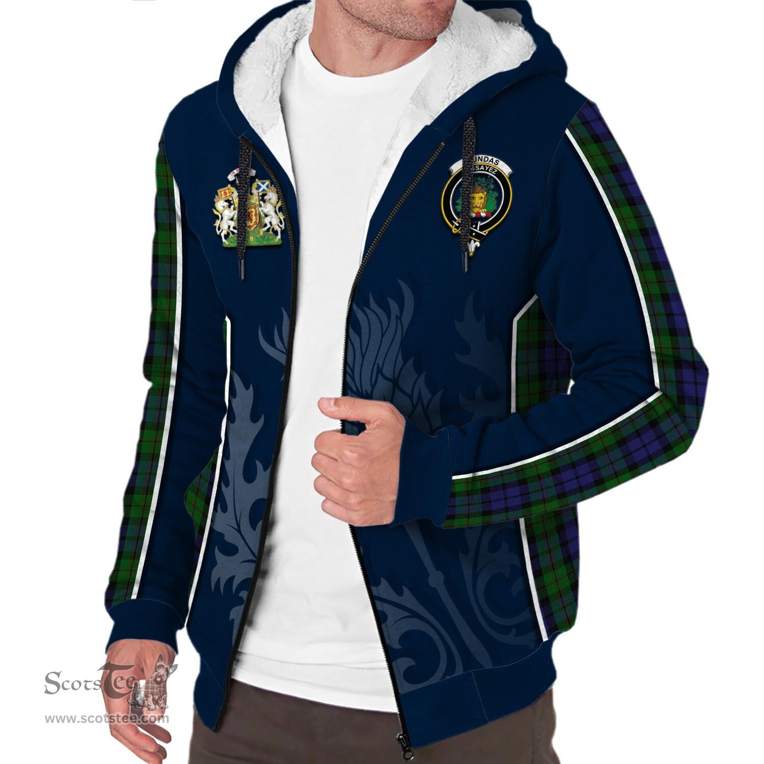 ScotsTee Shop Scottish Dundas Clan Scottish Crest and Scottish Thistle Sport Tartan Sherpa Hoodie