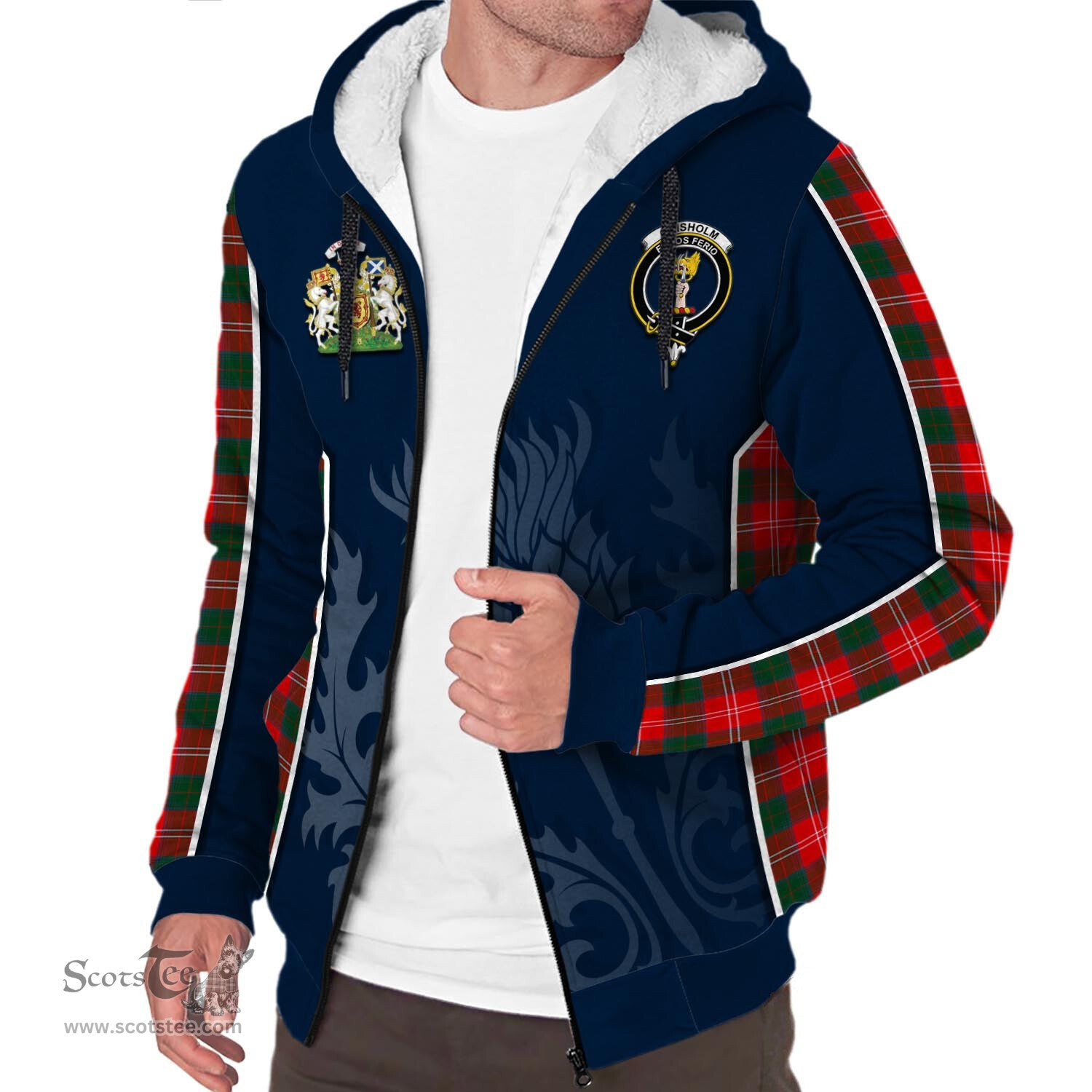 ScotsTee Shop Scottish Chisholm Modern Clan Scottish Crest and Scottish Thistle Sport Tartan Sherpa Hoodie