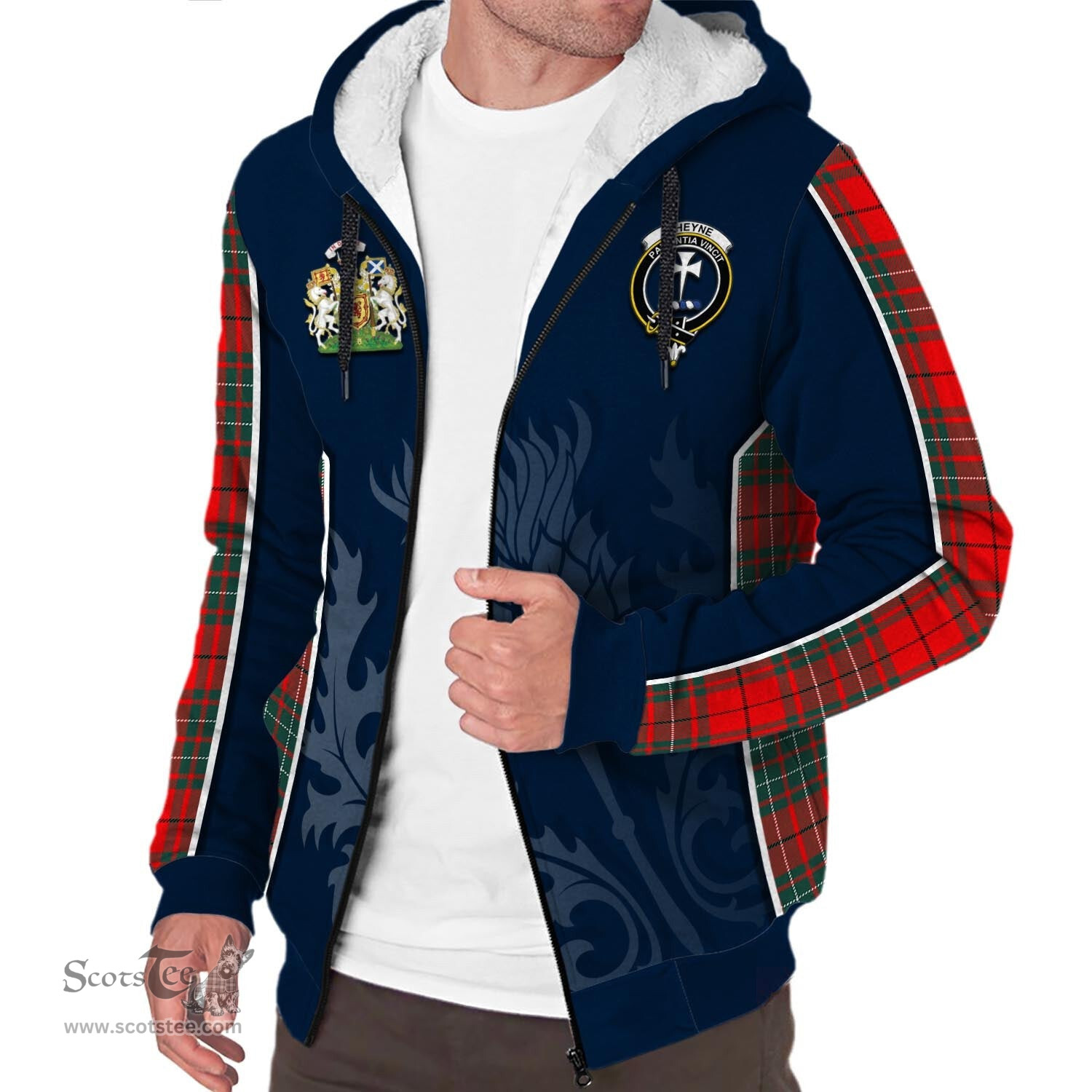 ScotsTee Shop Scottish Cheyne Clan Scottish Crest and Scottish Thistle Sport Tartan Sherpa Hoodie