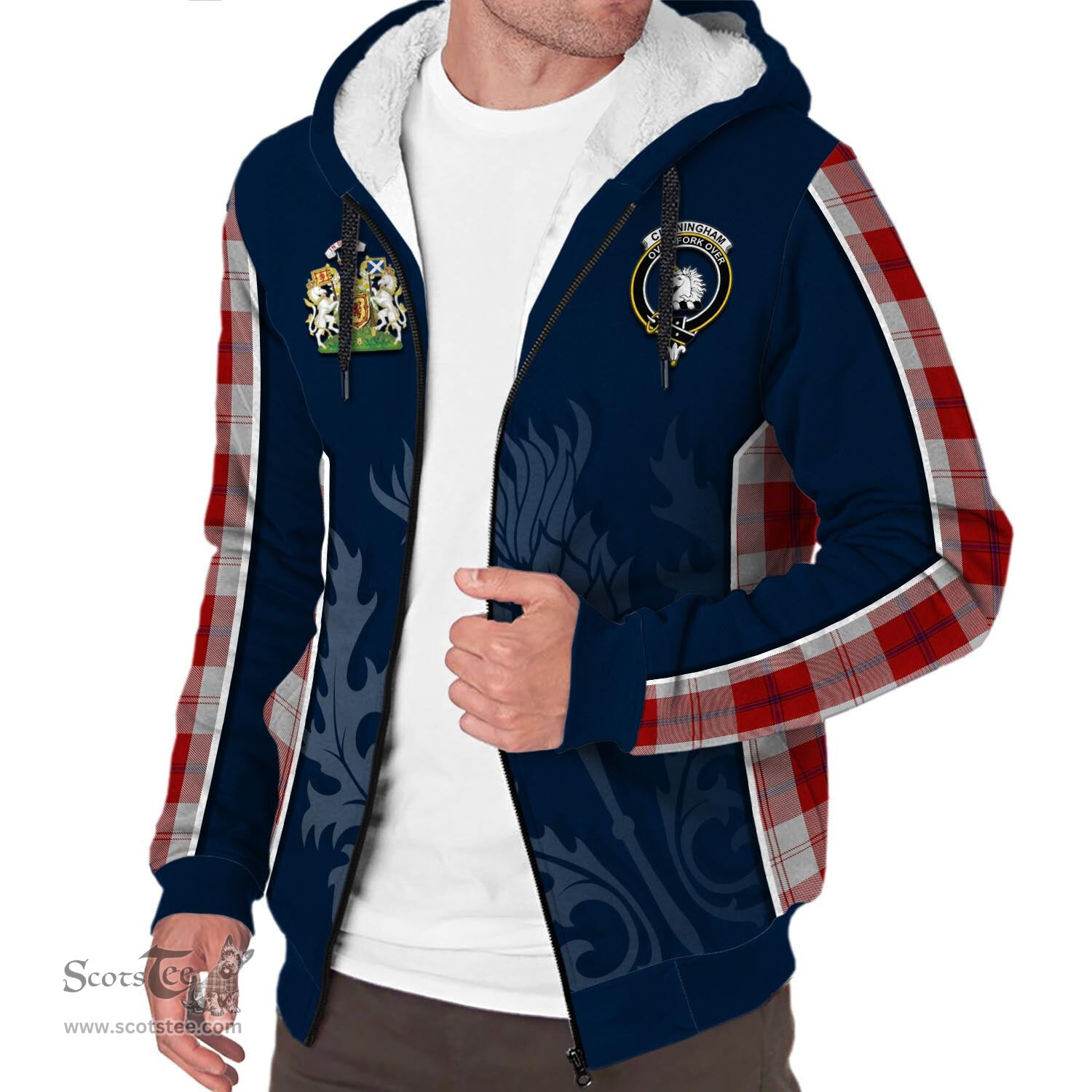 ScotsTee Shop Scottish Cunningham Dress Clan Scottish Crest and Scottish Thistle Sport Tartan Sherpa Hoodie