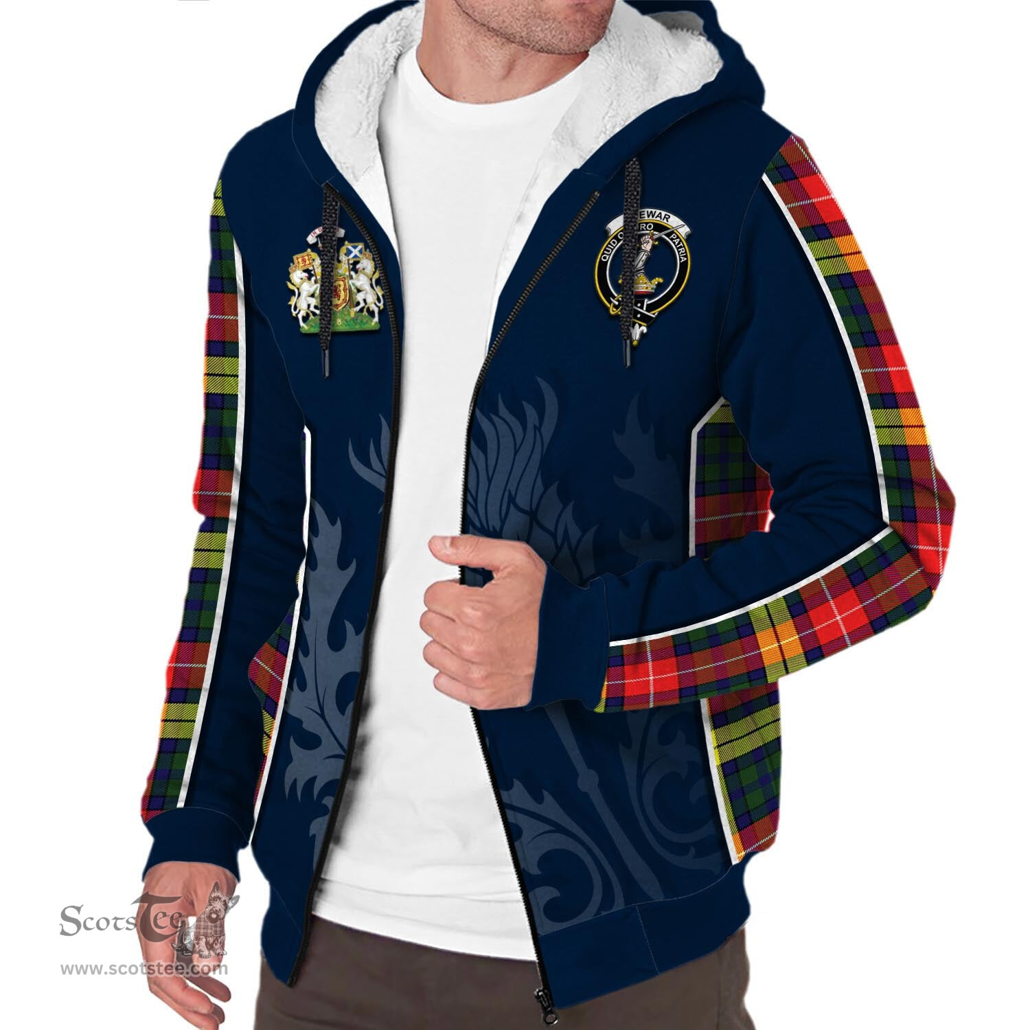 ScotsTee Shop Scottish Dewar Clan Scottish Crest and Scottish Thistle Sport Tartan Sherpa Hoodie